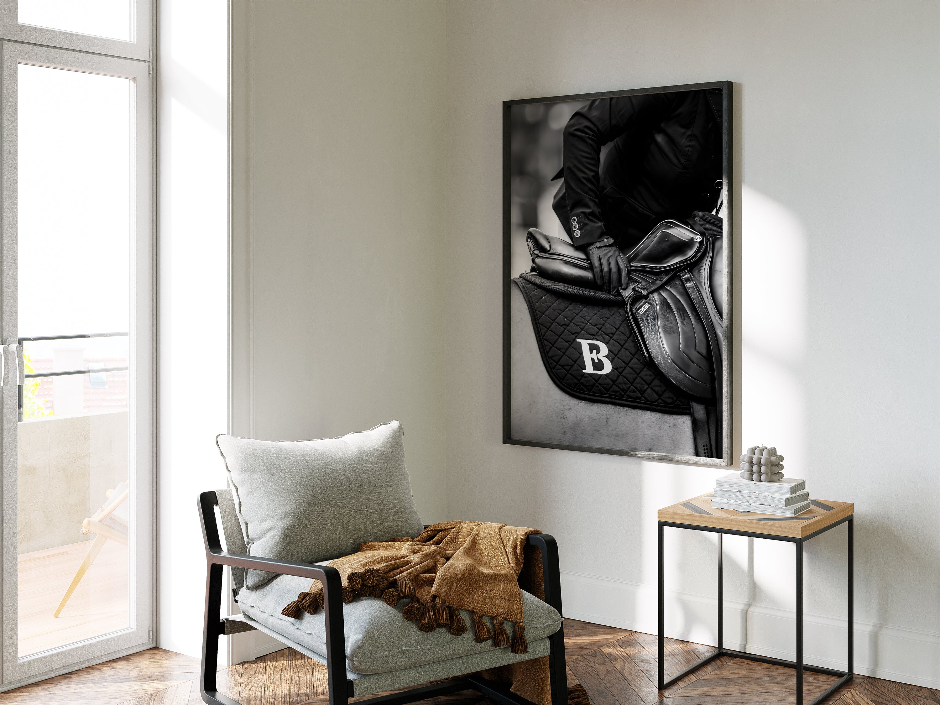 Majestic Horse Equestrian Framed Canvas Wall Art, Black and White Saddle Print, Luxury Horse Riding Decor