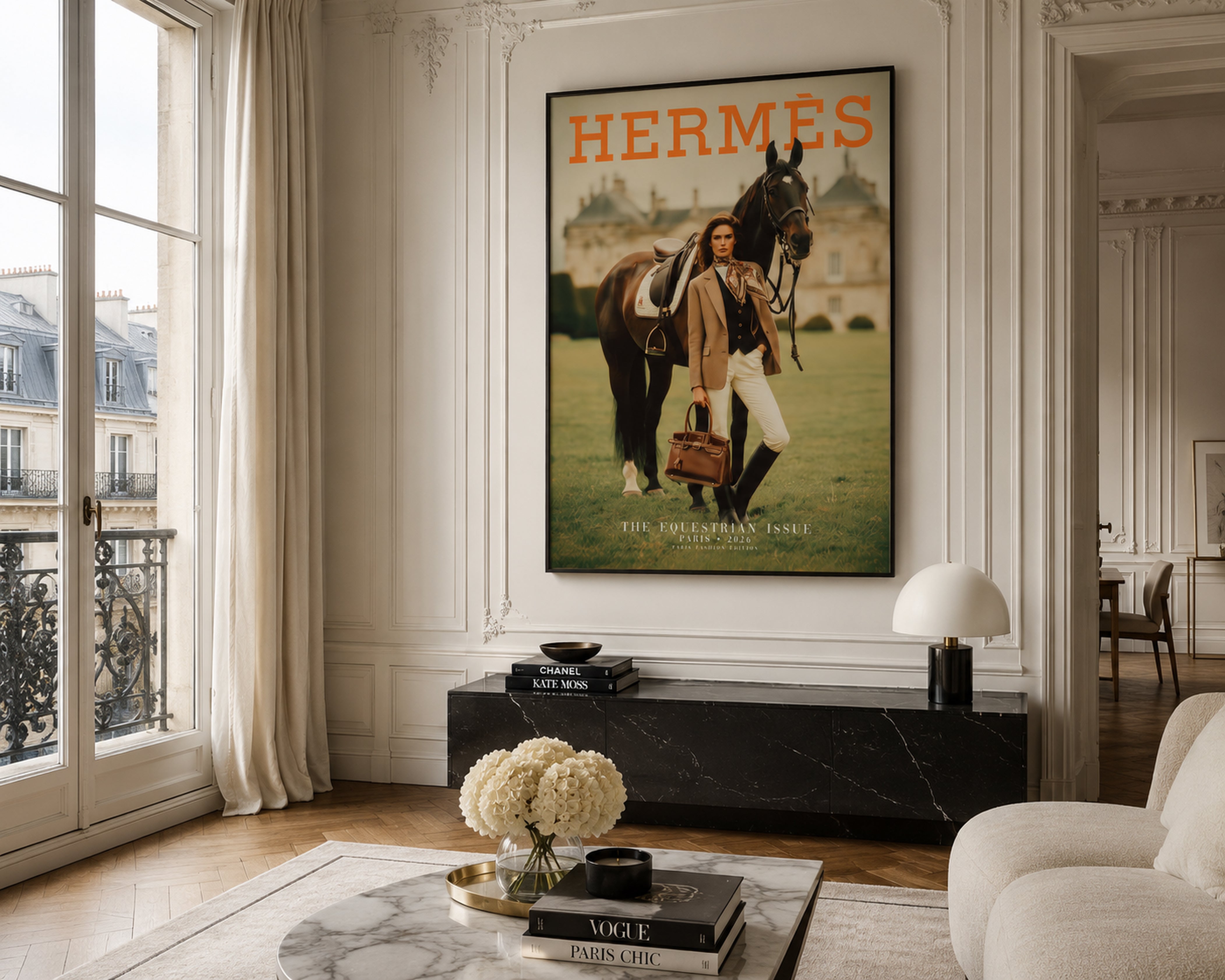 Luxury Equestrian Fashion Wall Art, Hermes Style Framed Canvas, Old Money Horse Decor, Parisian Chic Interior Artwork