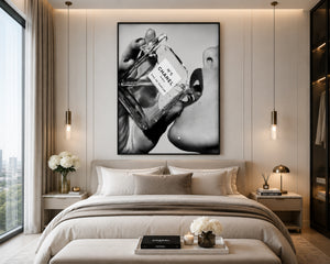 Channel Inspired Luxury Perfume Wall Art Framed Canvas, Black and White Fashion Print, Chic Vanity Bathroom Decor