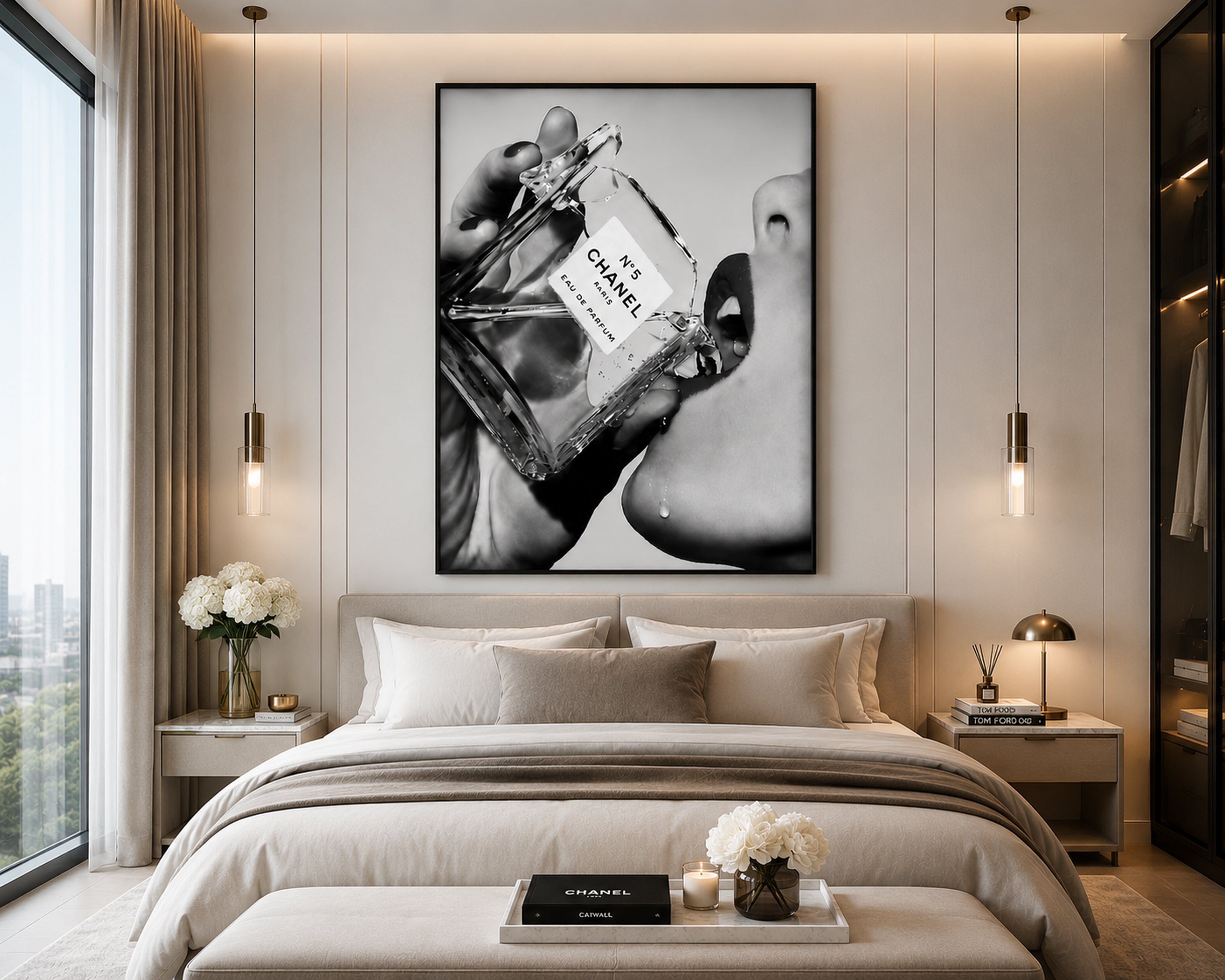 Channel Inspired Luxury Perfume Wall Art Framed Canvas, Black and White Fashion Print, Chic Vanity Bathroom Decor