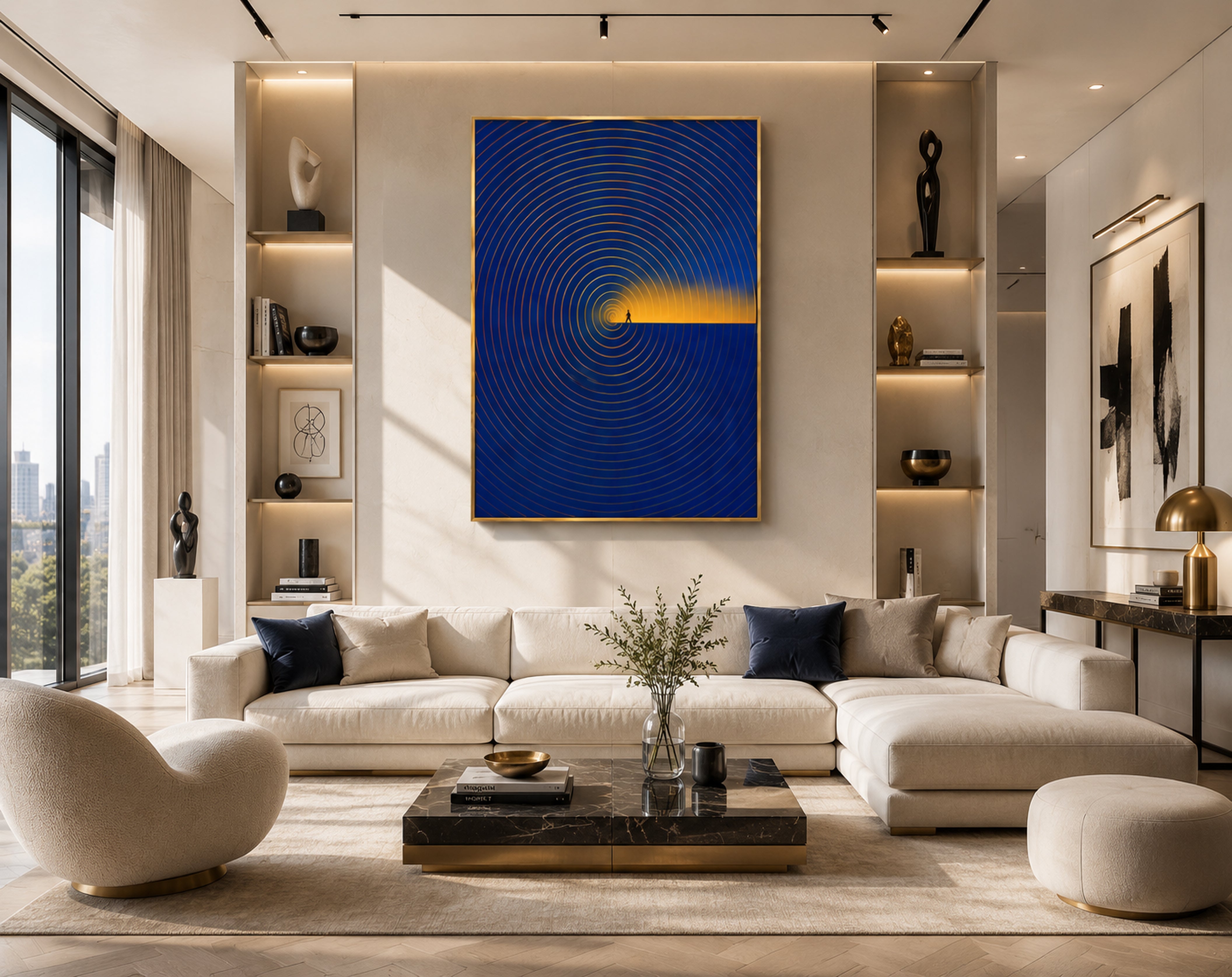 Luxury Blue and Gold Wall Art, Abstract Framed Canvas Print, Modern Minimalist Decor, Contemporary Office Artwork, Inspirational Wall Art