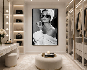 Audrey Hepburn Wall Art Framed Canvas, Black and White Glamour Print, Luxury Fashion Bathroom Decor, Old Hollywood Vanity Art