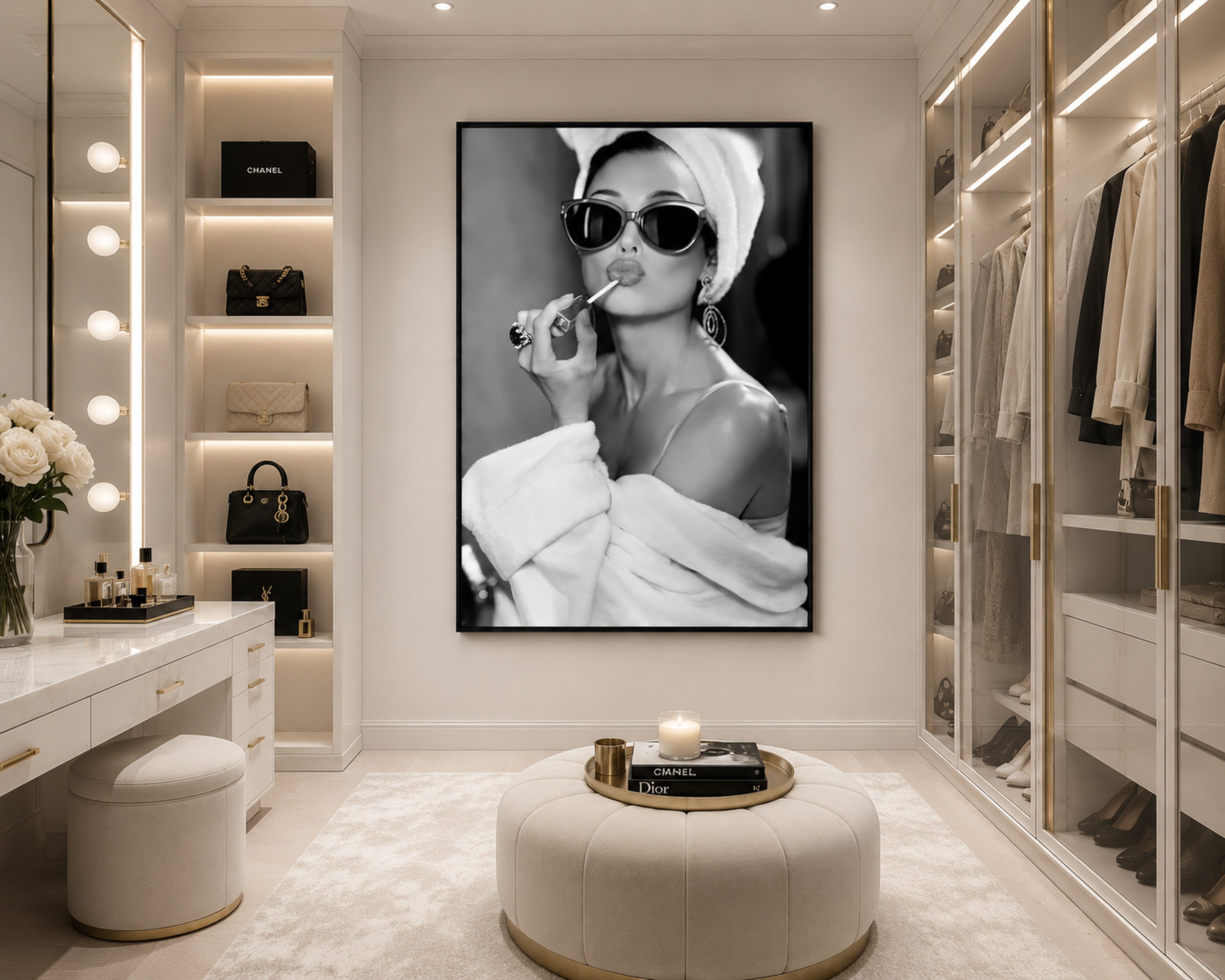 Audrey Hepburn Wall Art Framed Canvas, Black and White Glamour Print, Luxury Fashion Bathroom Decor, Old Hollywood Vanity Art