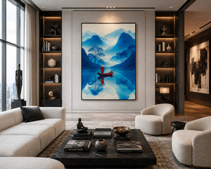 Blue Mountain Canvas Wall Art, Framed Japandi Landscape Print, Red Boat Zen Artwork, Luxury Asian Wall Decor, Modern Living Room Art
