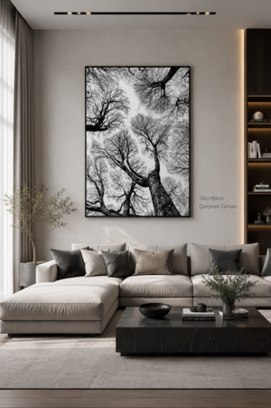 Black And White Tree Wall Art, Framed Canvas Print, Minimalist Nature Photography, Scandinavian Living Room Decor, Large Neutral Wall Art