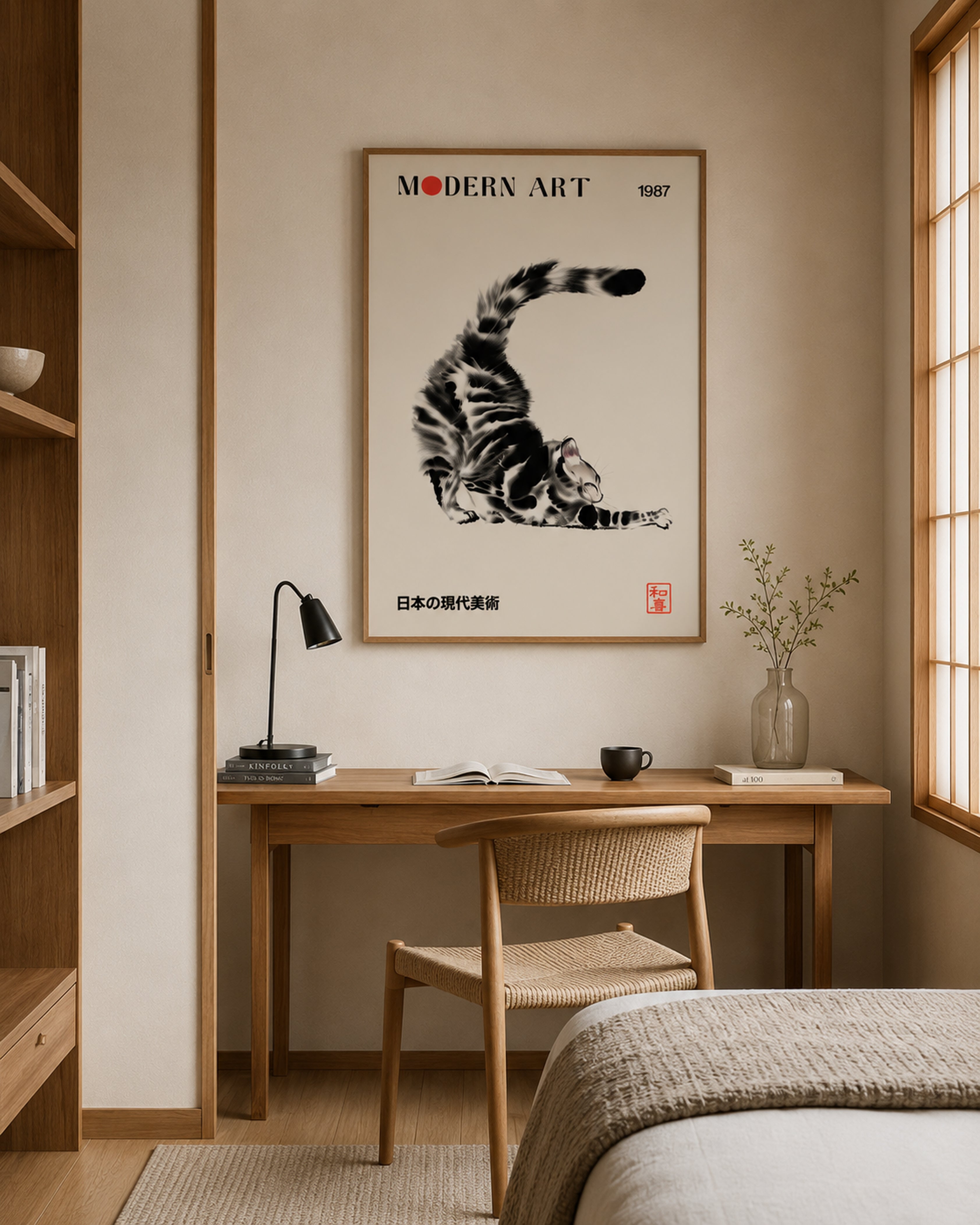 Japanese Cat Framed Canvas Wall Art, Modern Art Cat Print, Minimalist Japan Poster, Funny Cat Lover Decor