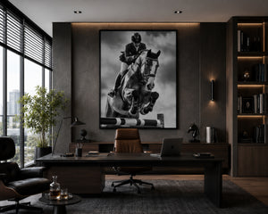 Equestrian Framed Canvas Wall Art, Black and White Horse Jumping Print, Show Jumping Photography, Luxury Horse Decor