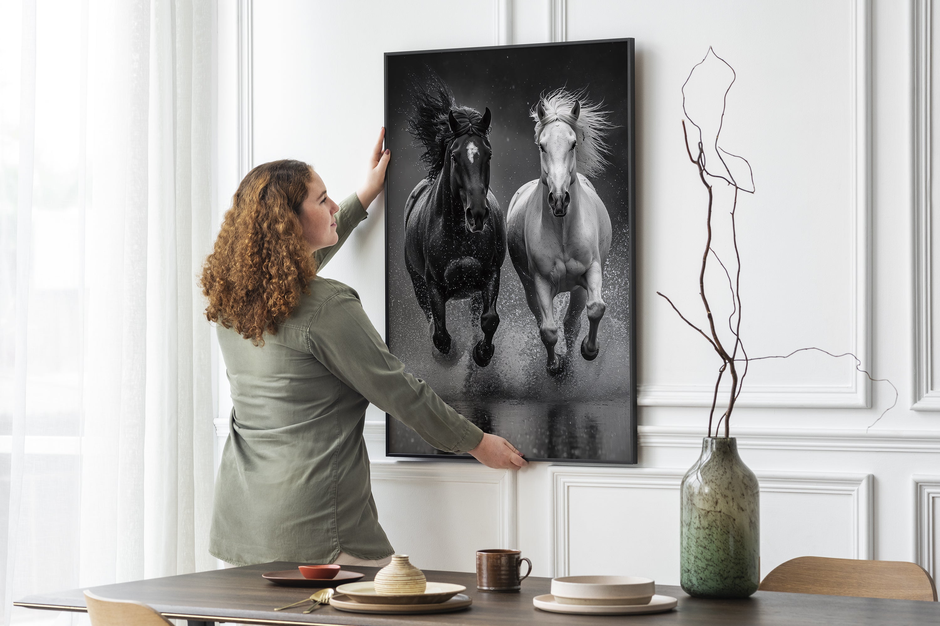 Black and White Horse Framed Canvas, Running Horses Wall Art, Equestrian Photography Print, Modern Western Decor