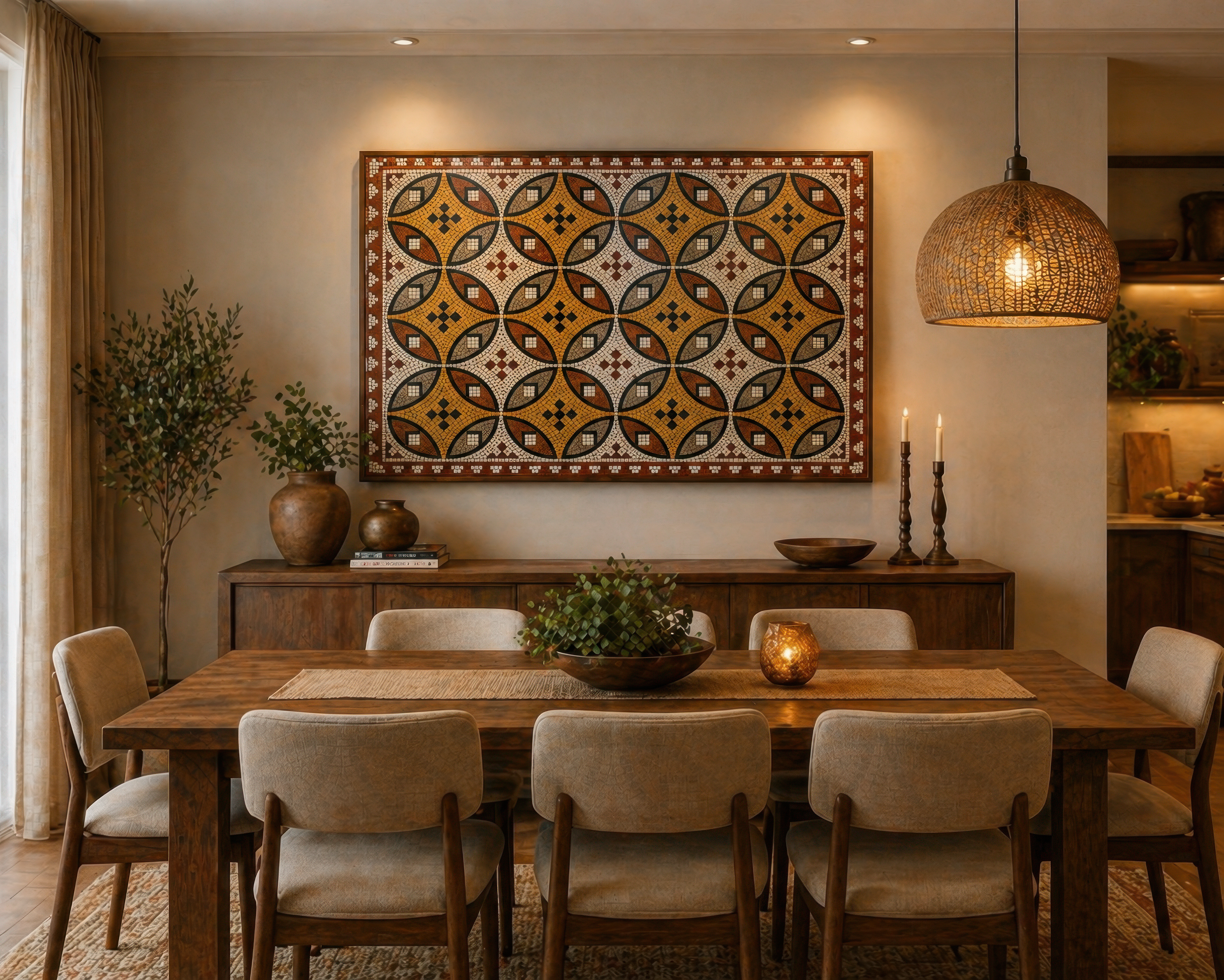 Ancient Roman Mosaic Framed Canvas, Vintage Mosaic Wall Art Framed Canvas, Mediterranean Tile Pattern Print, Terracotta Geometric Wall Decor
