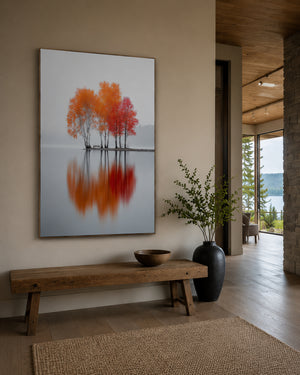 Minimalist Autumn Tree Canvas Wall Art, Framed Nature Print, Foggy Lake Reflection Artwork, Scandinavian Wall Decor, Modern Living Room Canvas