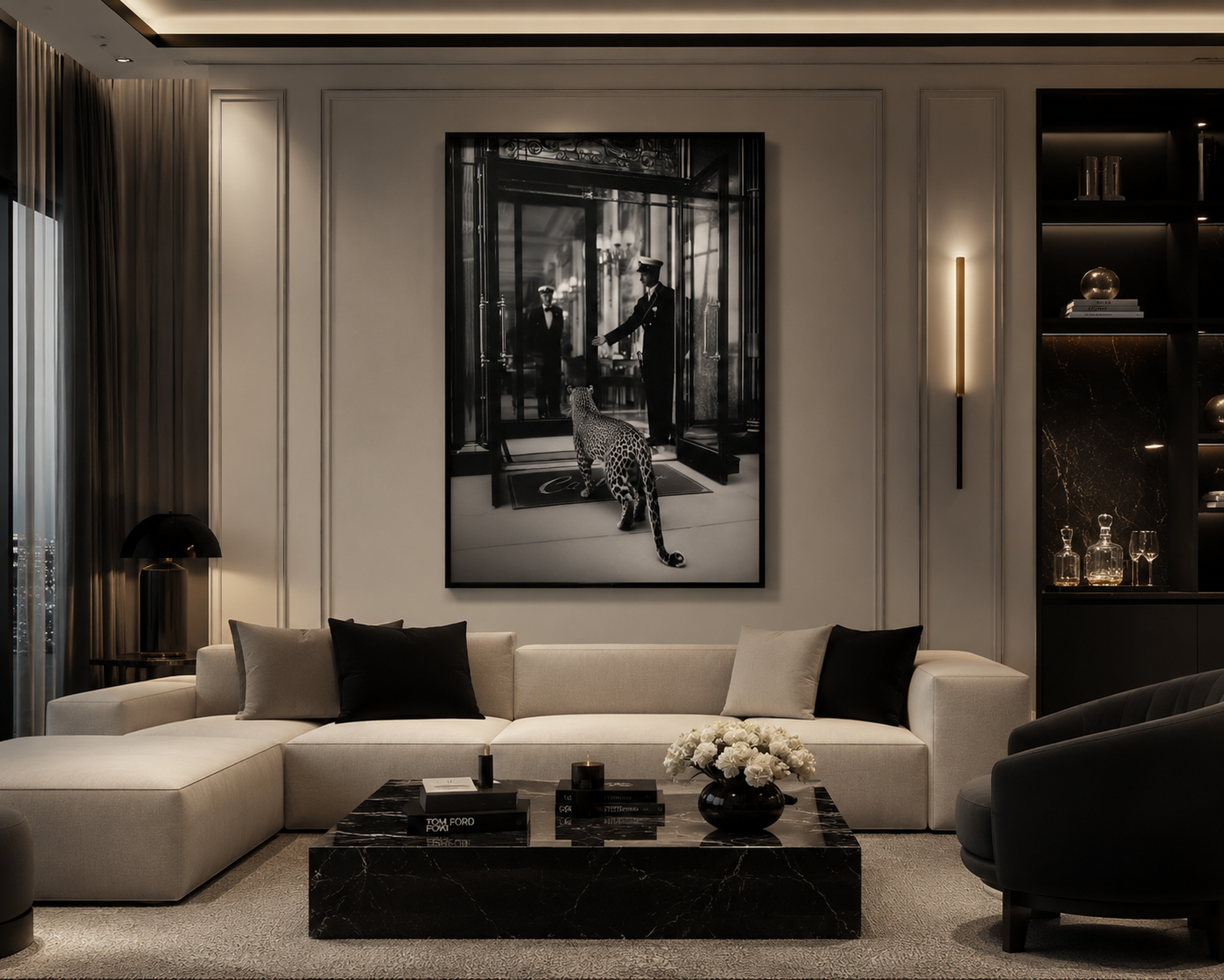 Luxury Leopard Hotel Canvas Print, Black and White Leopard Wall Art, Framed Safari Canvas, Cinematic Animal Photography Decor