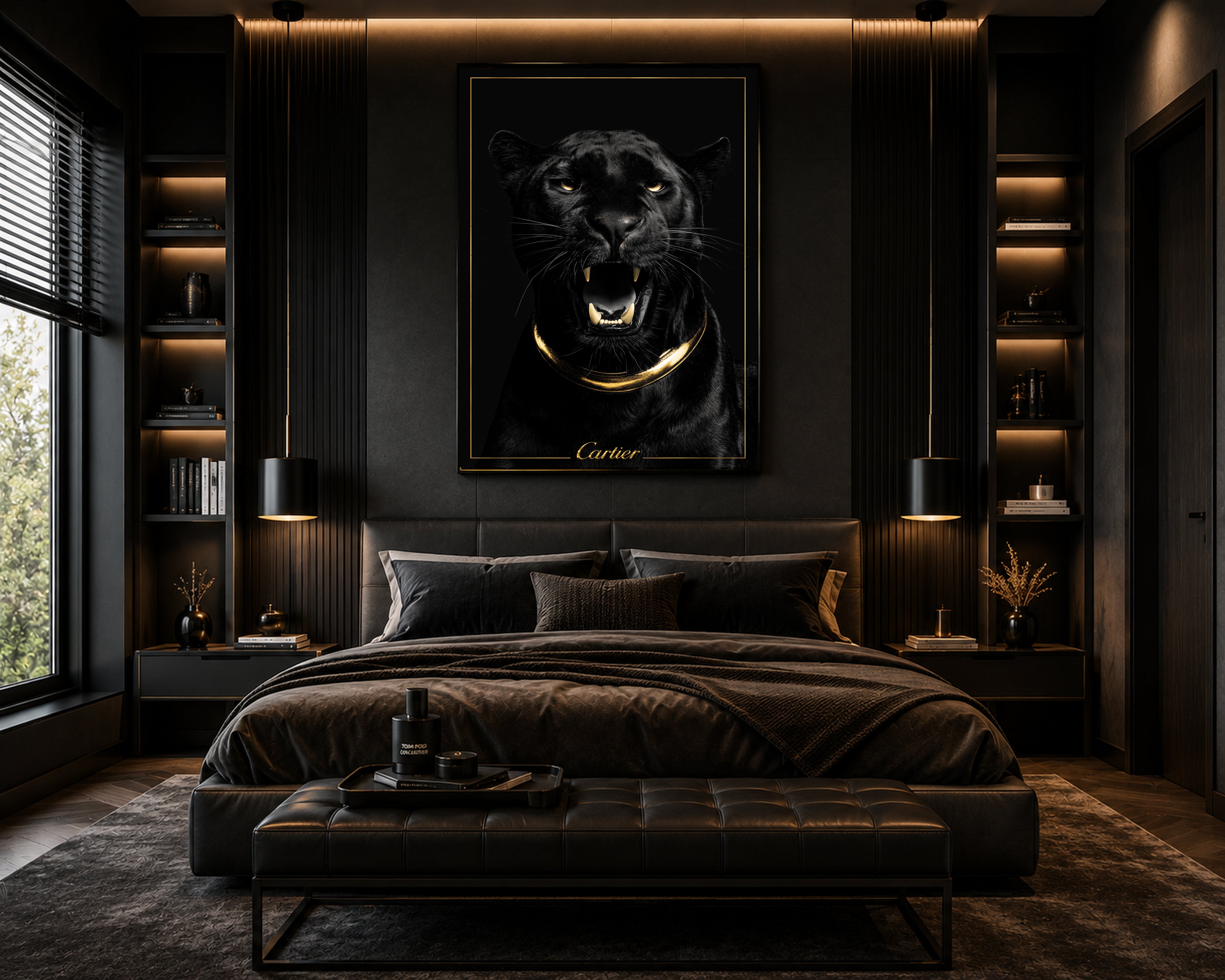 Luxury Black Panther Wall Art, Gold Framed Canvas Print, Cartier Style Decor, Quiet Luxury Animal Artwork, Modern Glam Wall Art