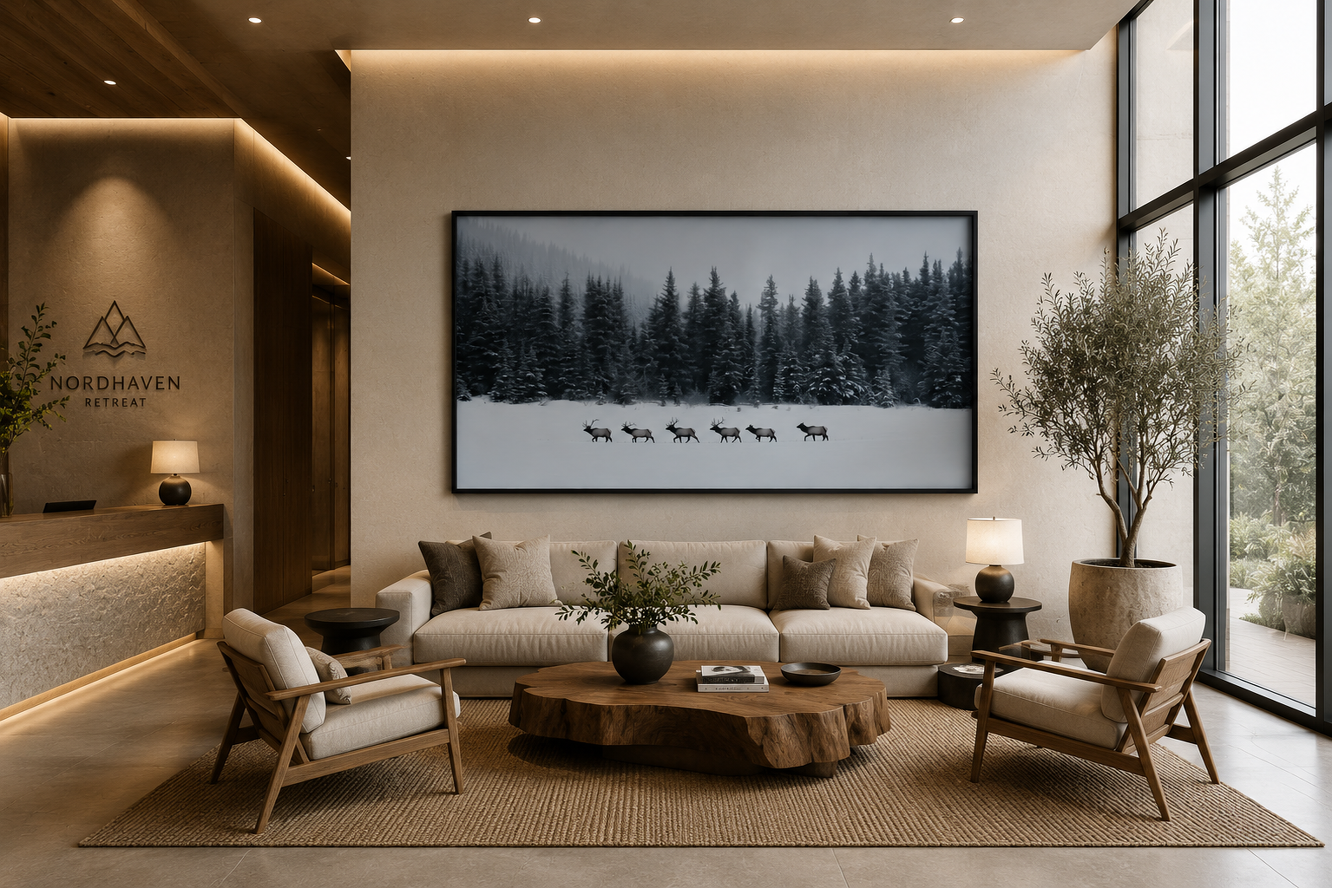 Elk Framed Canvas Wall Art, Winter Forest Wildlife Print, Rustic Lodge Decor
