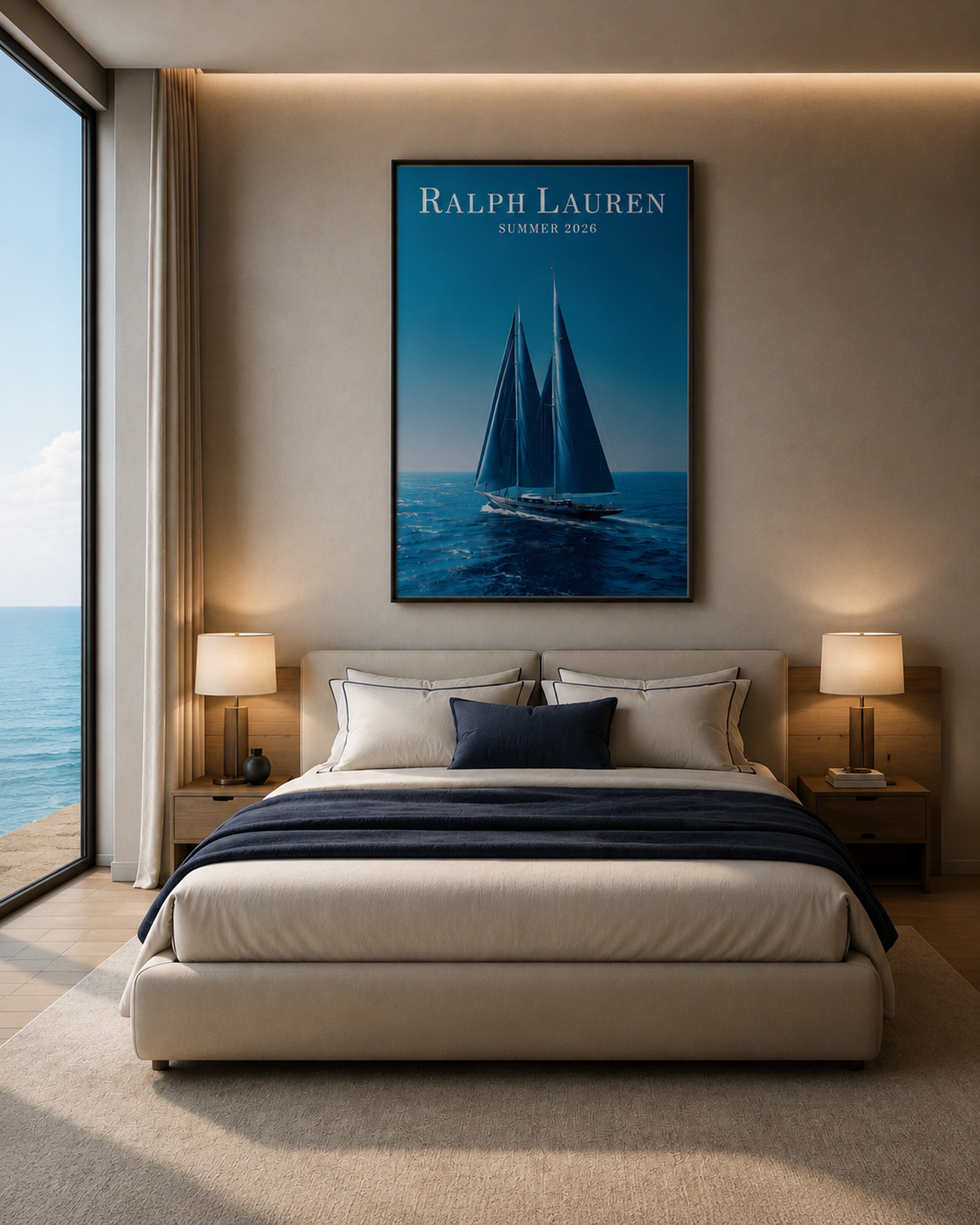 Ralph Lauren Style Sailboat Canvas Wall Art, Luxury Coastal Framed Print, Old Money Nautical Decor, Blue Yacht Poster