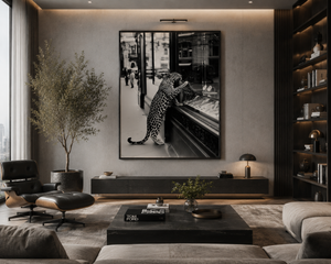 Leopard Wall Art Framed Canvas, Black and White Wildlife Photography, Luxury Fashion Street Decor, Modern Monochrome Home Artwork