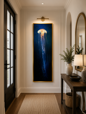 Large Jellyfish Framed Canvas Wall Art, Bioluminescent Ocean Print, Luxury Coastal Decor, Blue Underwater Sea Life Artwork