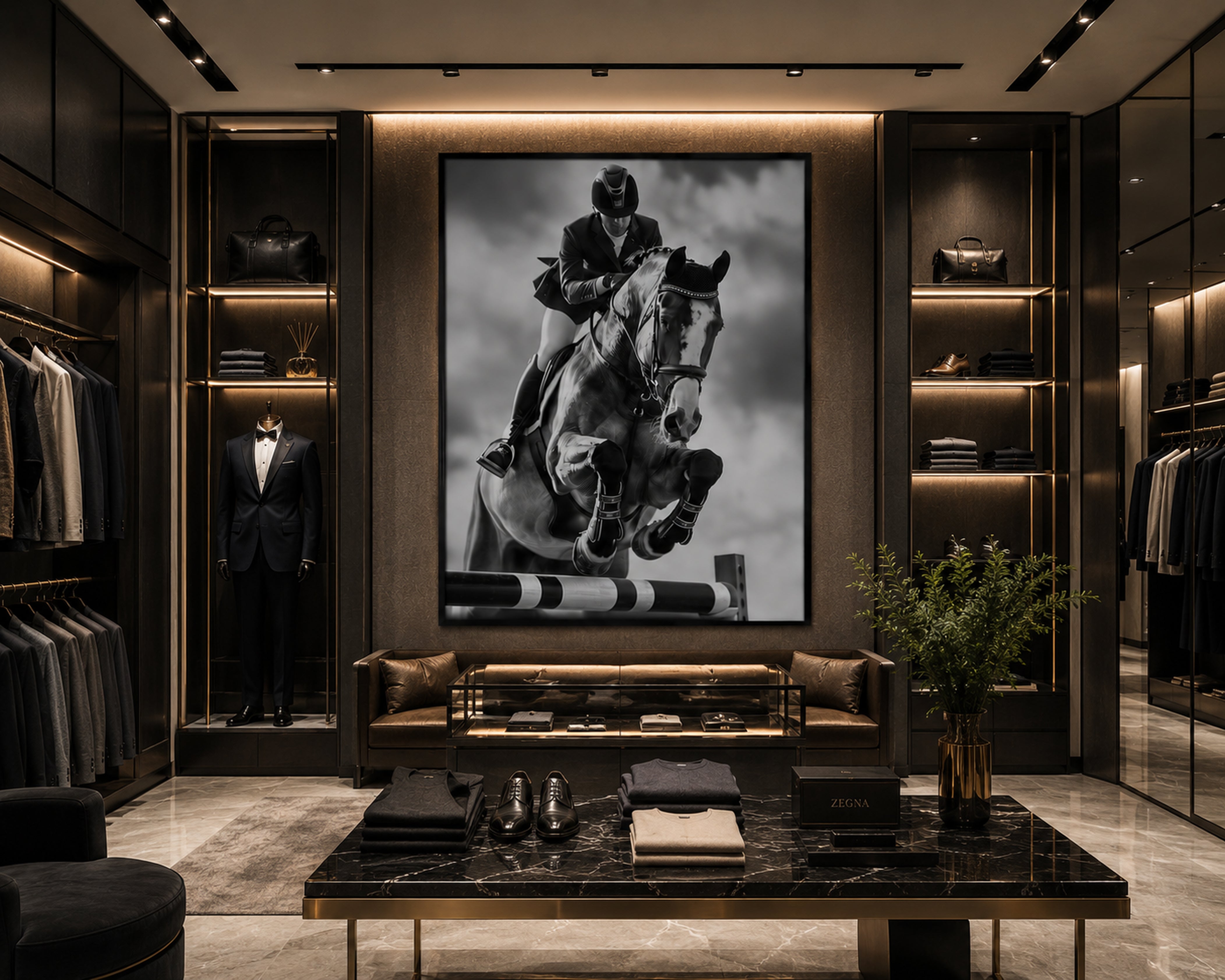 Equestrian Framed Canvas Wall Art, Black and White Horse Jumping Print, Show Jumping Photography, Luxury Horse Decor