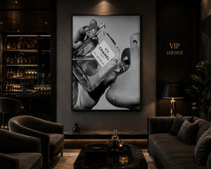 Channel Inspired Luxury Perfume Wall Art Framed Canvas, Black and White Fashion Print, Chic Vanity Bathroom Decor