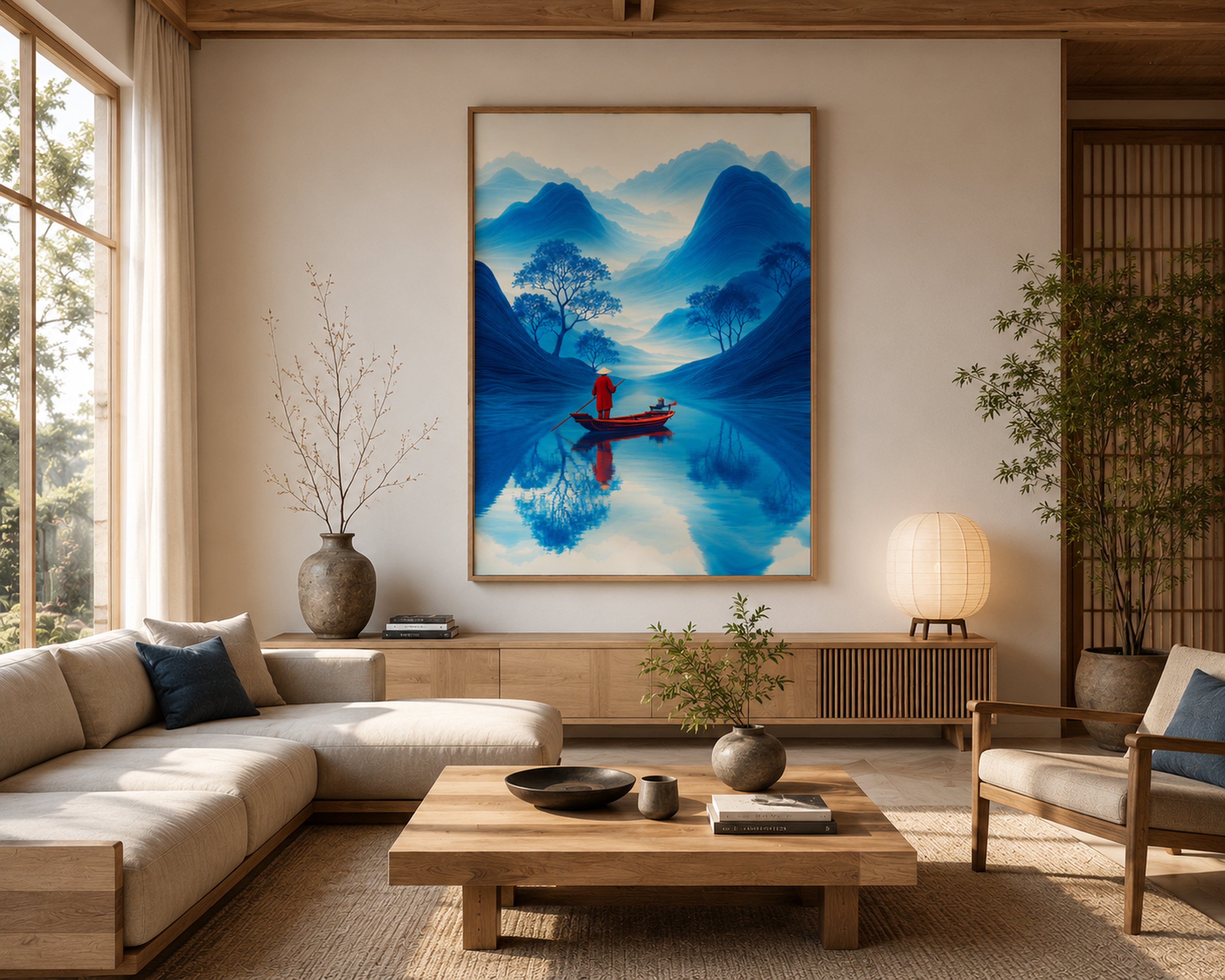 Blue Mountain Canvas Wall Art, Framed Japandi Landscape Print, Red Boat Zen Artwork, Luxury Asian Wall Decor, Modern Living Room Art