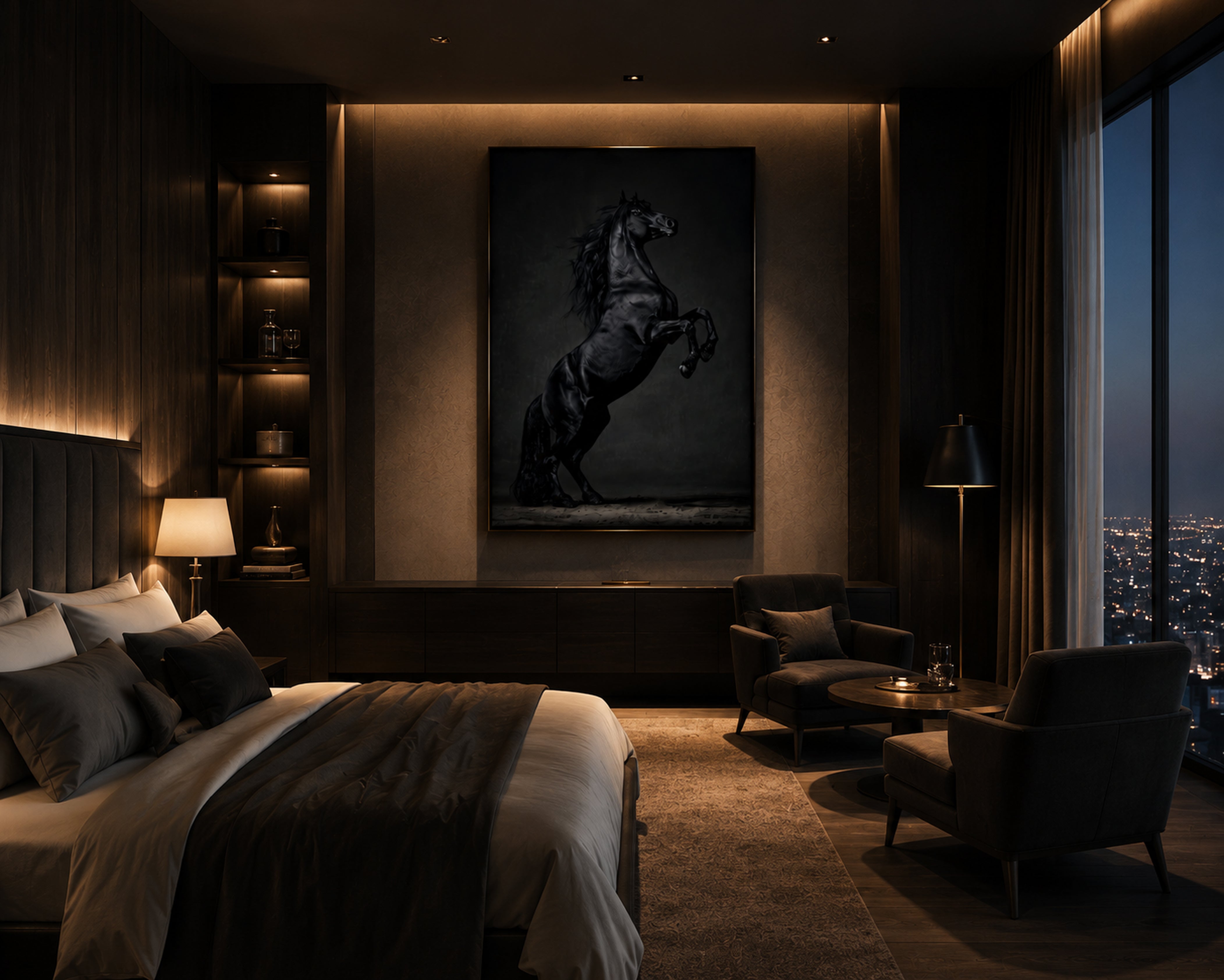 Majestic Black Horse Framed Canvas Wall Art, Rearing Stallion Print, Luxury Equestrian Decor, Dark Horse Artwork