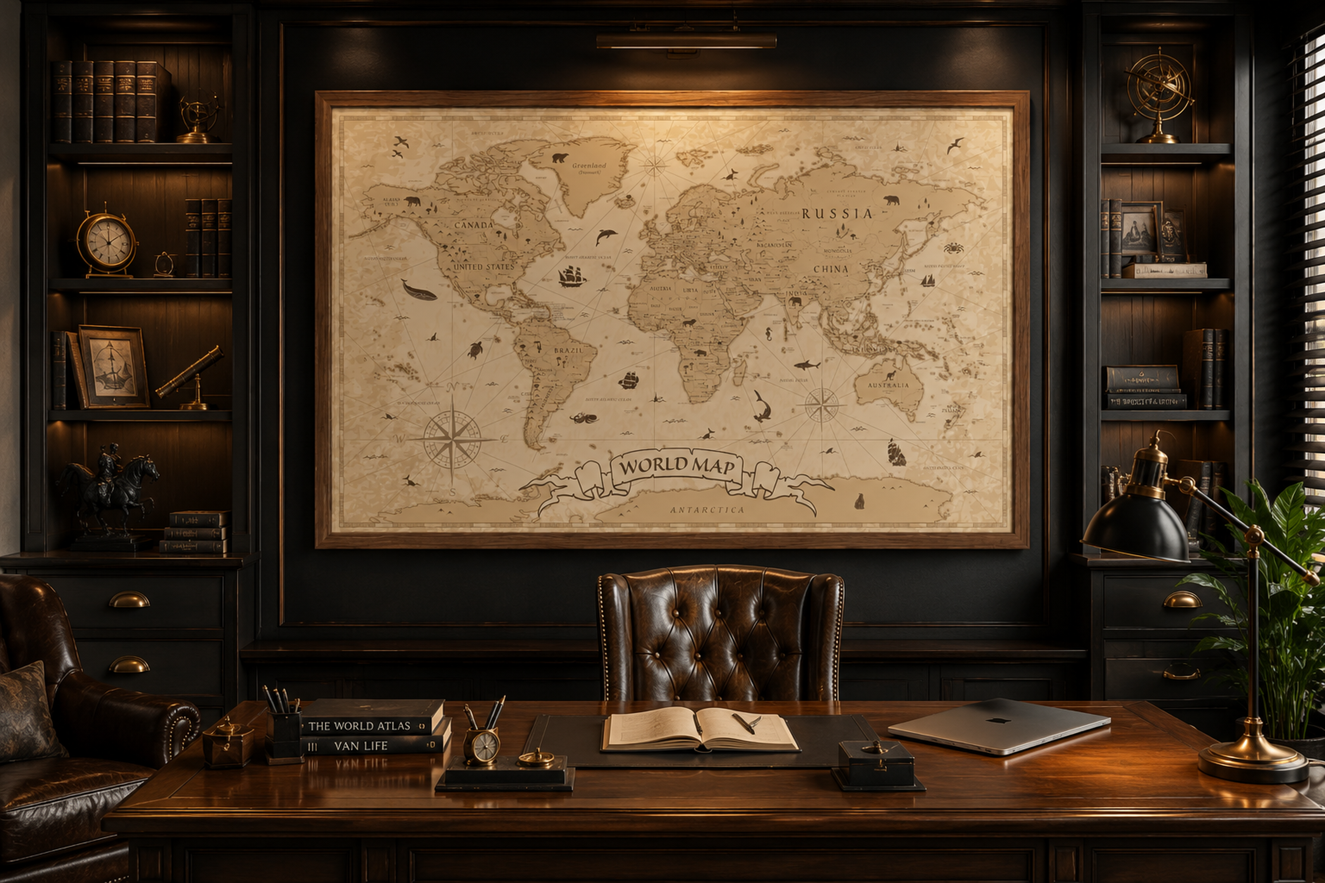 Vintage World Map Framed Canvas, Antique Map Wall Art, Old World Travel Print