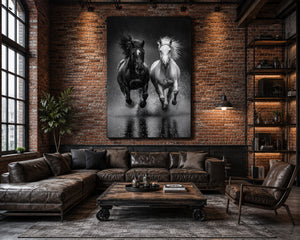 Black and White Horse Framed Canvas, Running Horses Wall Art, Equestrian Photography Print, Modern Western Decor