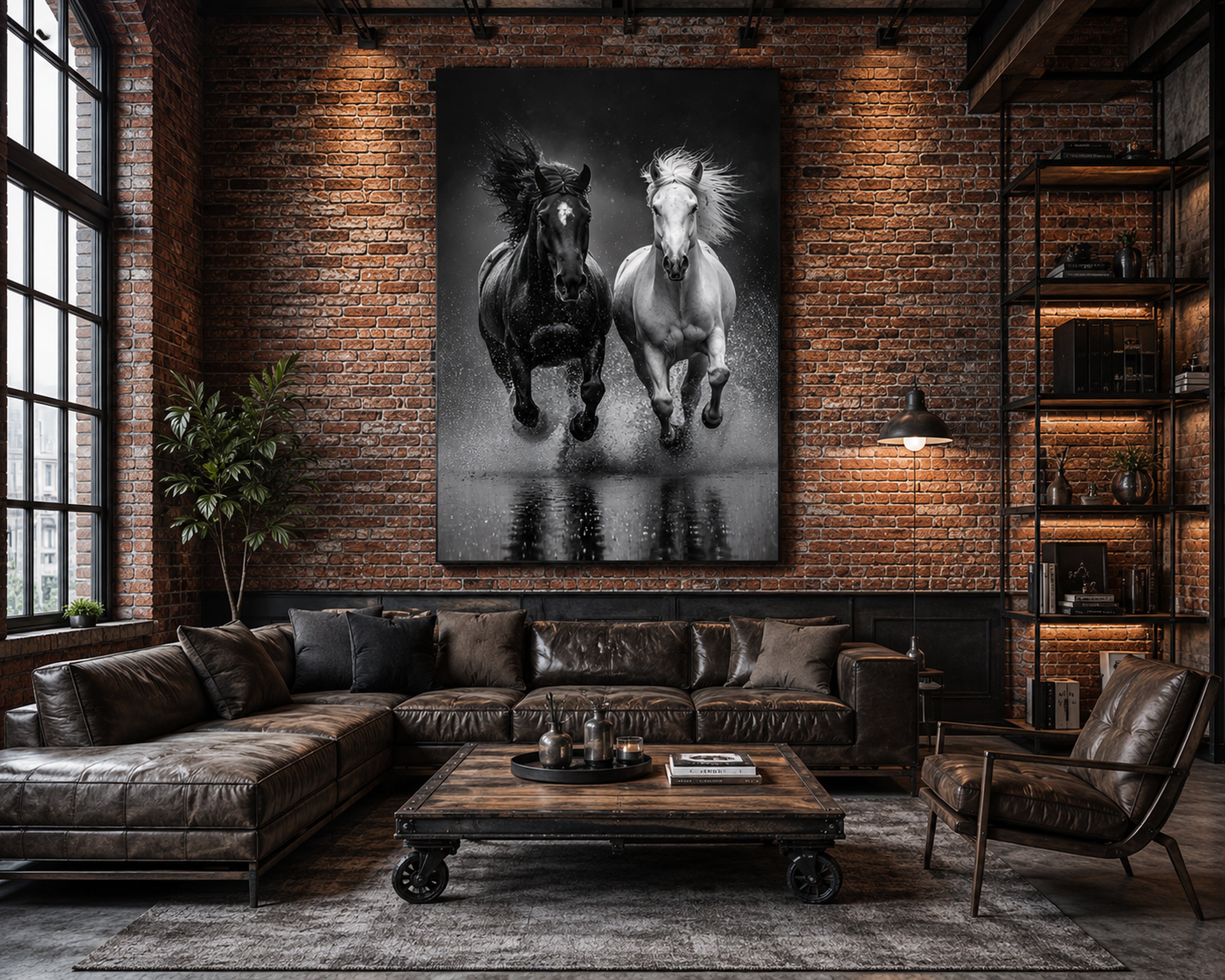 Black and White Horse Framed Canvas, Running Horses Wall Art, Equestrian Photography Print, Modern Western Decor
