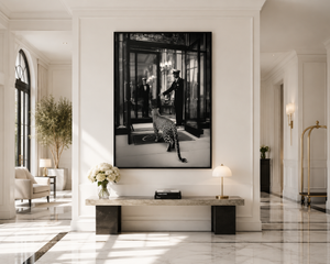 Luxury Leopard Hotel Canvas Print, Black and White Leopard Wall Art, Framed Safari Canvas, Cinematic Animal Photography Decor