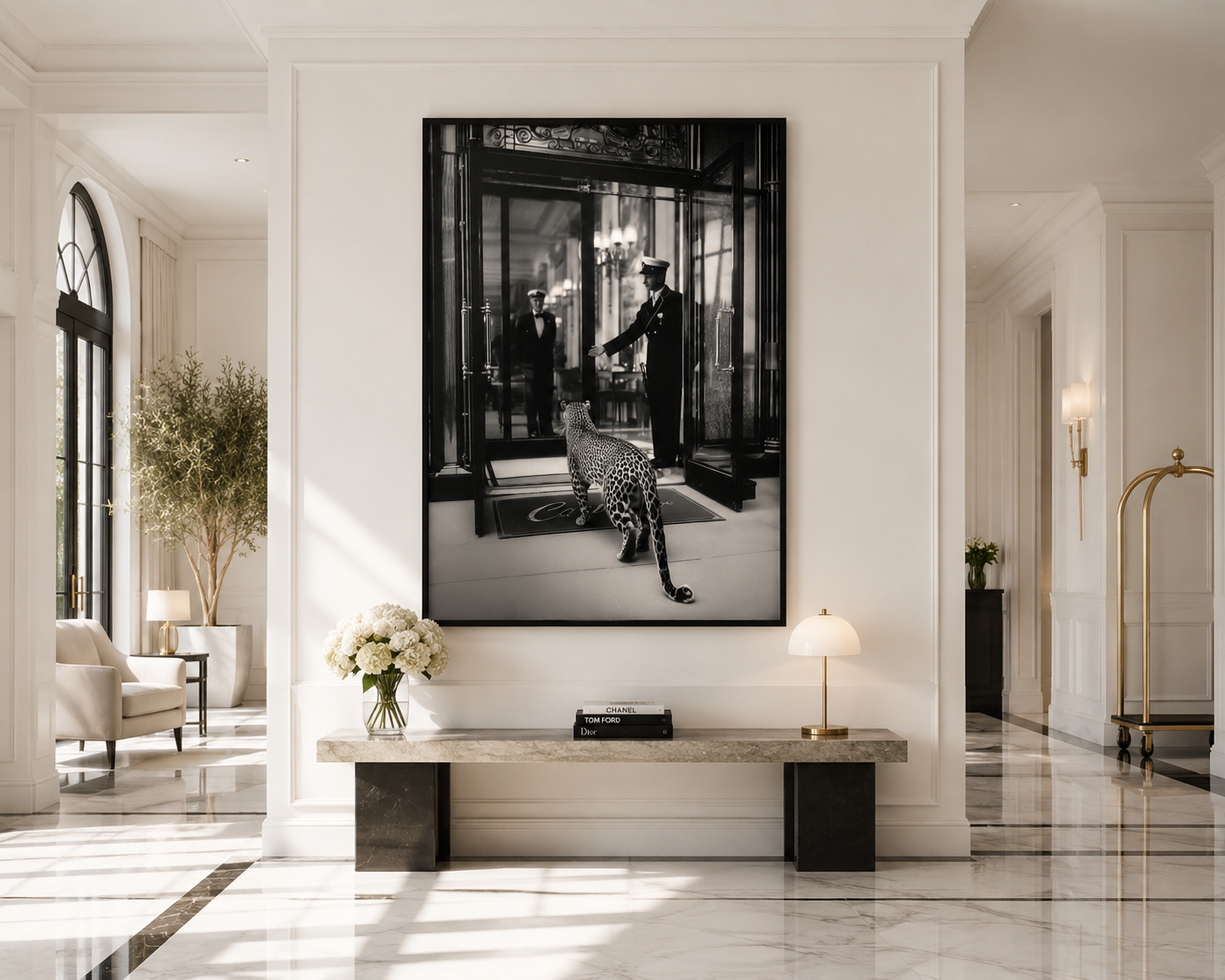 Luxury Leopard Hotel Canvas Print, Black and White Leopard Wall Art, Framed Safari Canvas, Cinematic Animal Photography Decor
