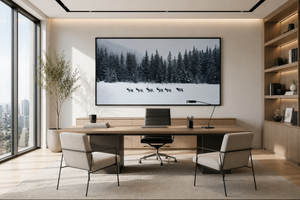 Elk Framed Canvas Wall Art, Winter Forest Wildlife Print, Rustic Lodge Decor