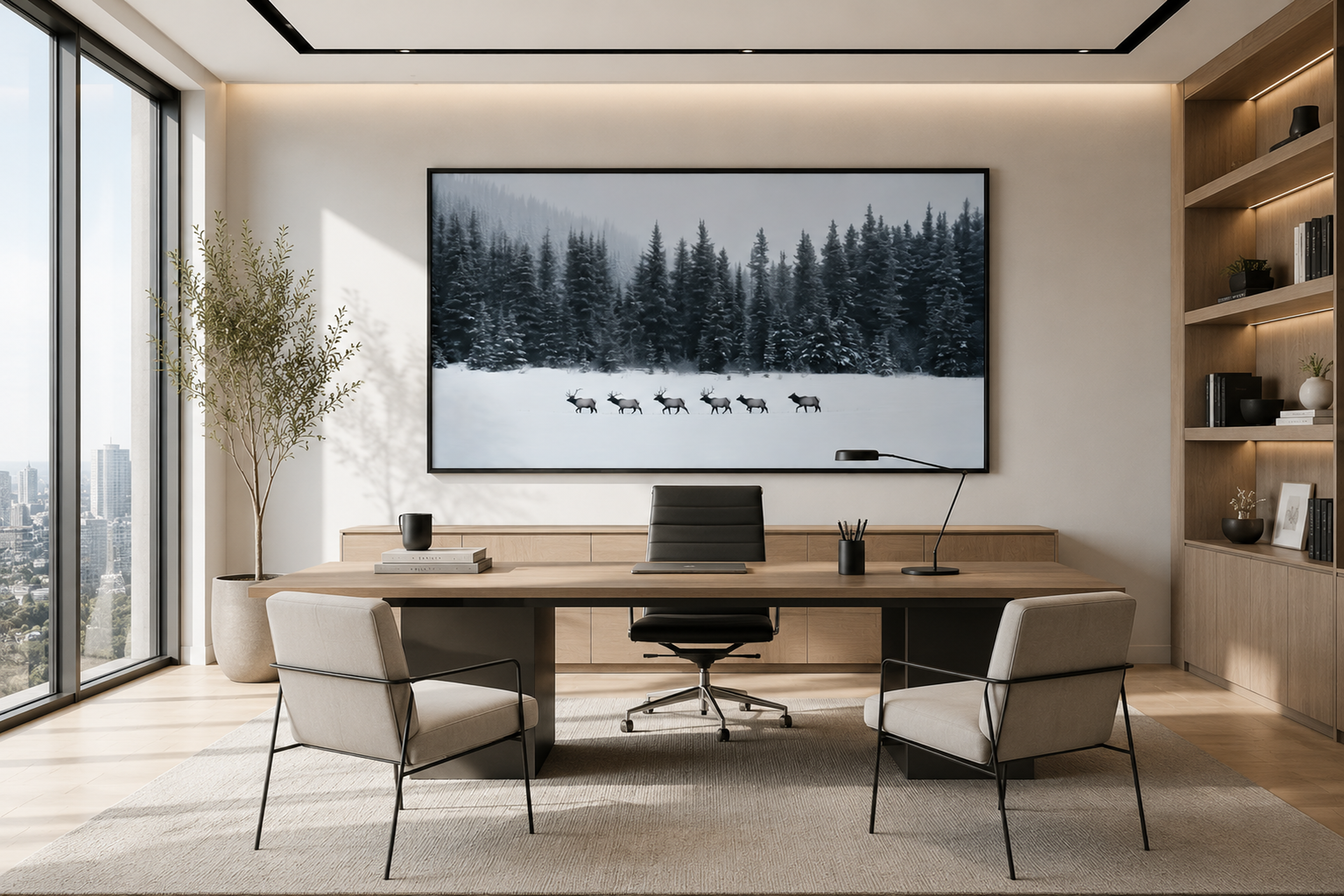 Elk Framed Canvas Wall Art, Winter Forest Wildlife Print, Rustic Lodge Decor
