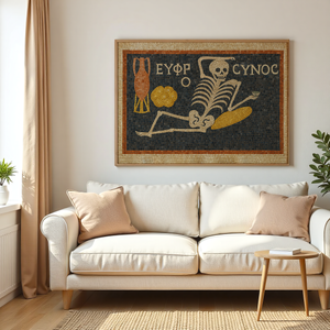 Ancient Roman Mosaic Framed Canvas, Skeleton Wine Wall Art, “Be Cheerful Enjoy Your Life” Decor
