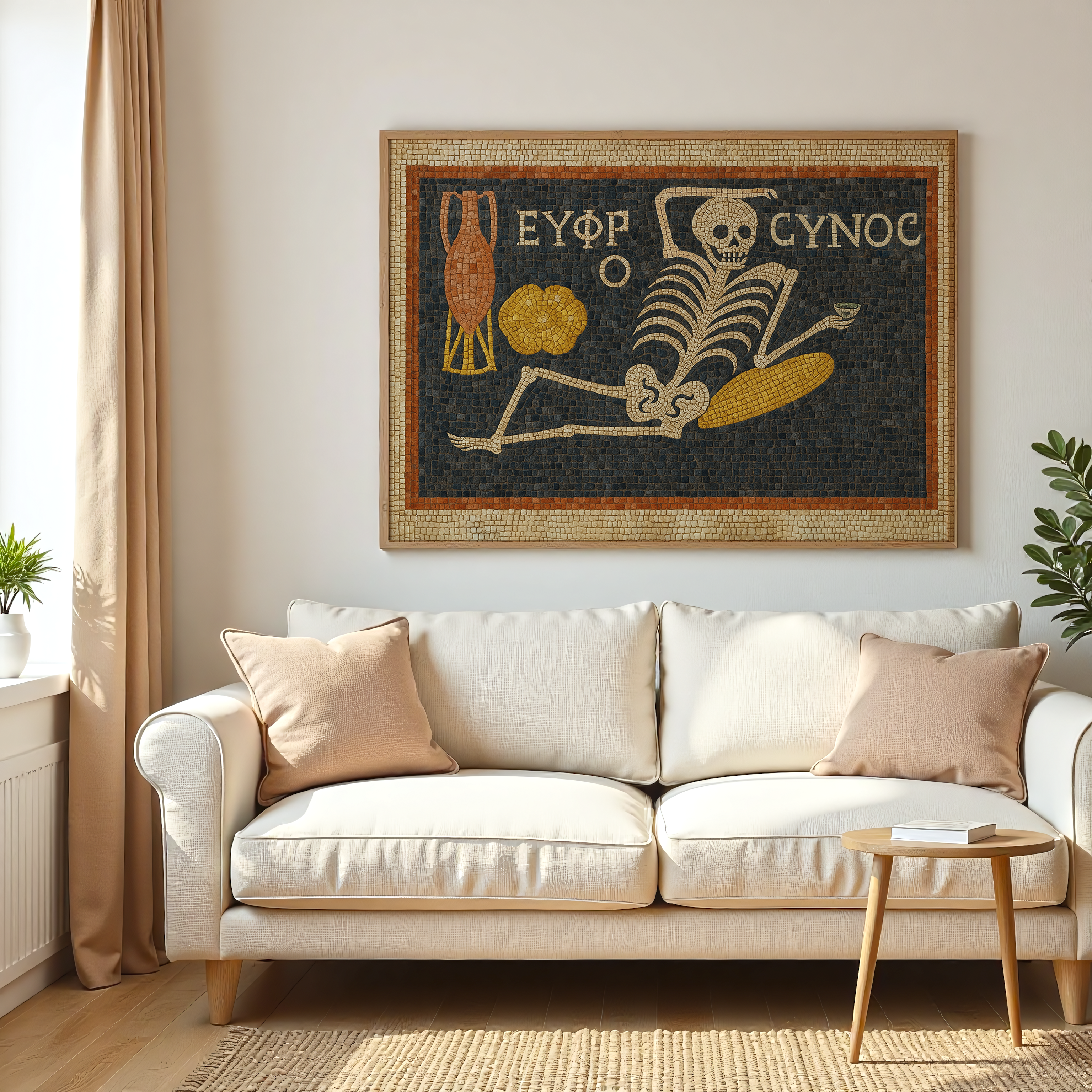 Ancient Roman Mosaic Framed Canvas, Skeleton Wine Wall Art, “Be Cheerful Enjoy Your Life” Decor