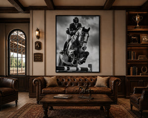 Equestrian Framed Canvas Wall Art, Black and White Horse Jumping Print, Show Jumping Photography, Luxury Horse Decor