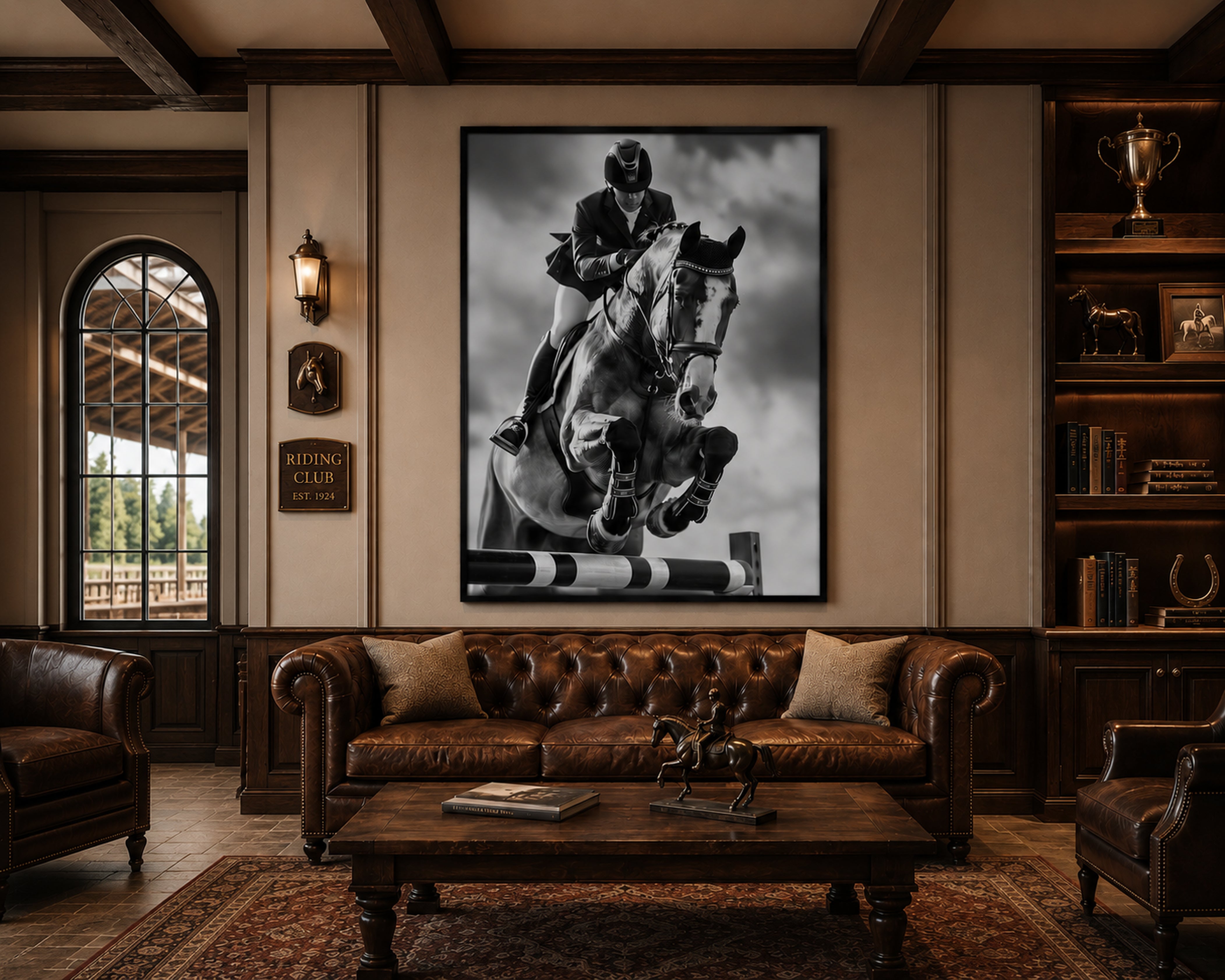 Equestrian Framed Canvas Wall Art, Black and White Horse Jumping Print, Show Jumping Photography, Luxury Horse Decor
