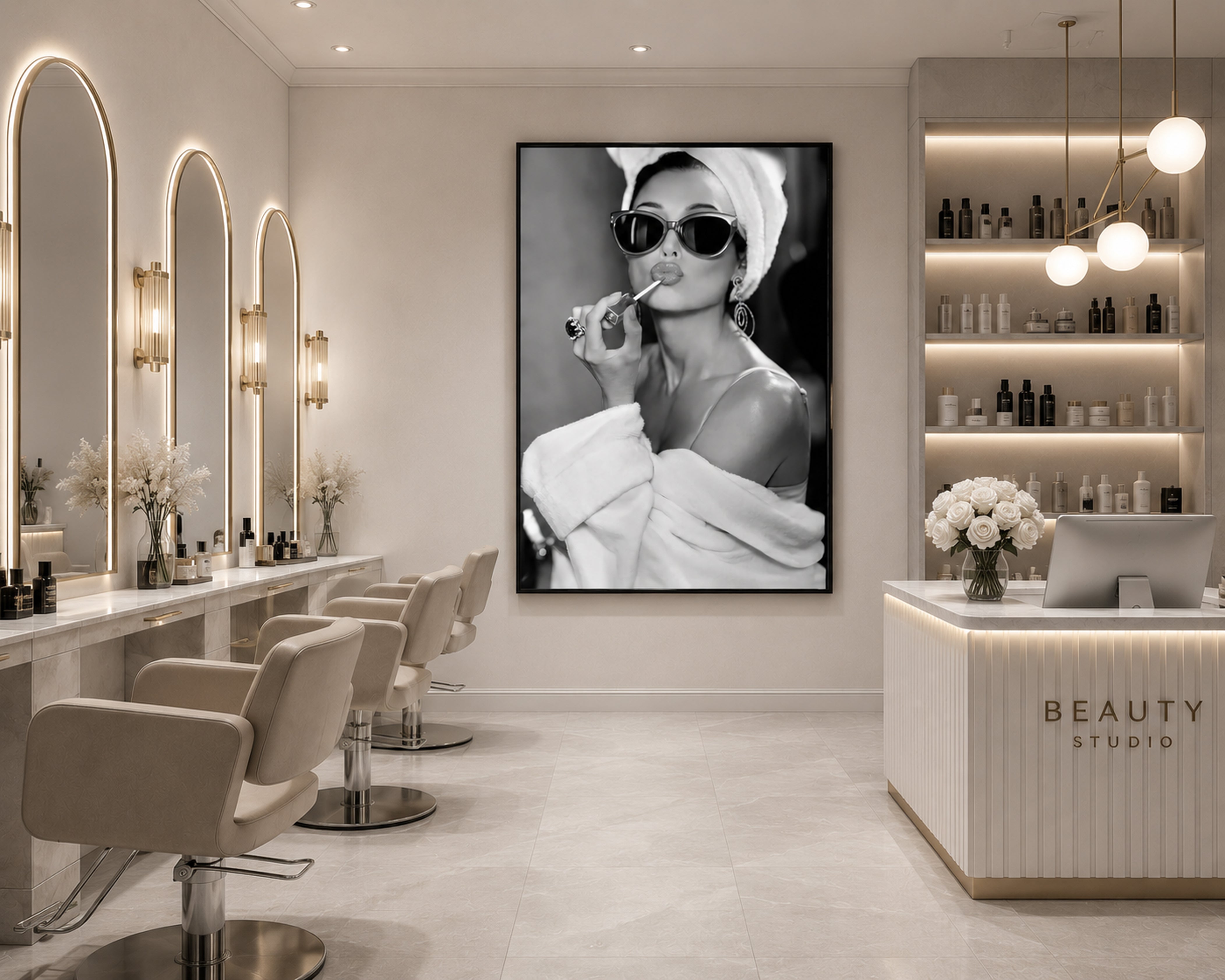 Audrey Hepburn Wall Art Framed Canvas, Black and White Glamour Print, Luxury Fashion Bathroom Decor, Old Hollywood Vanity Art