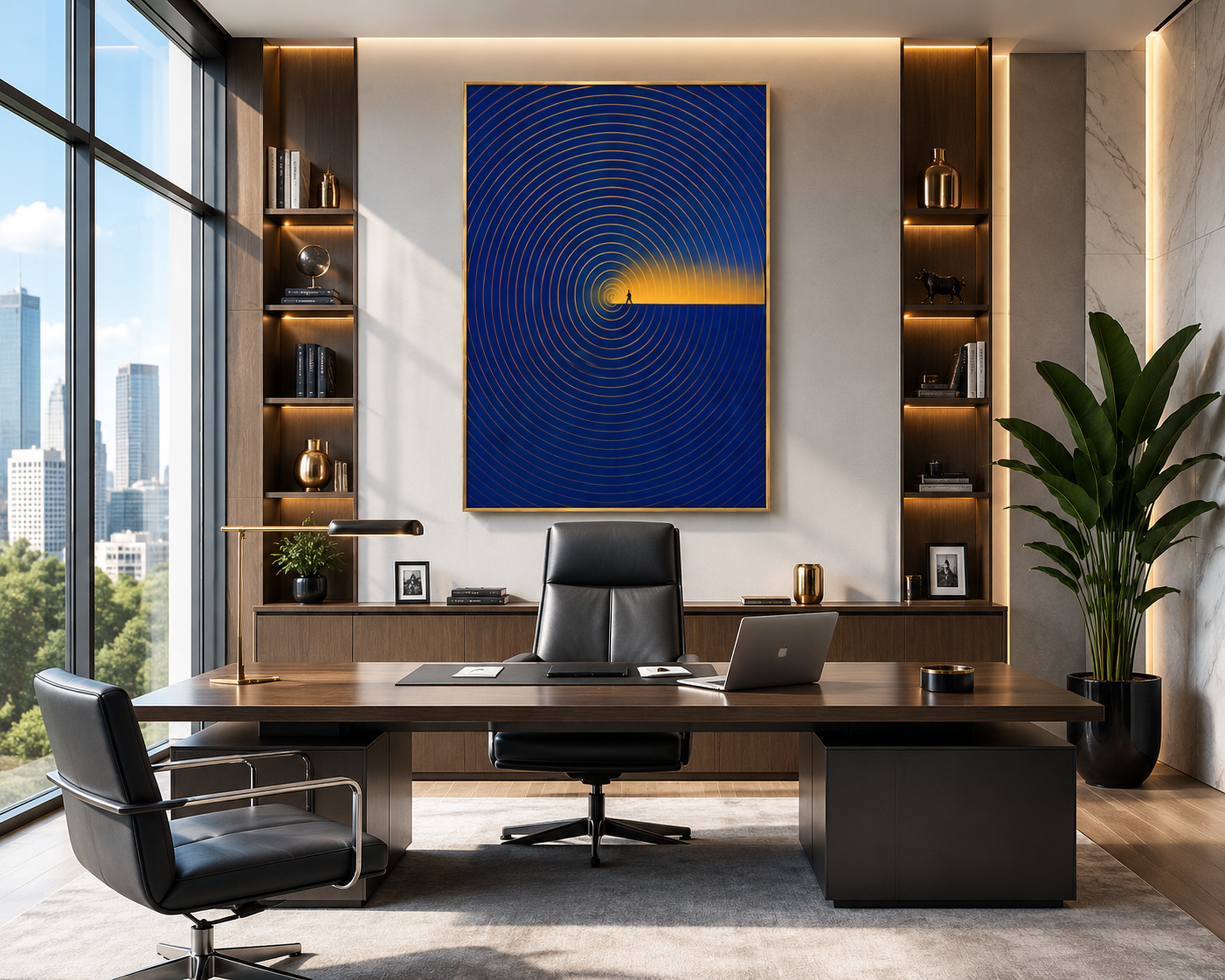 Luxury Blue and Gold Wall Art, Abstract Framed Canvas Print, Modern Minimalist Decor, Contemporary Office Artwork, Inspirational Wall Art