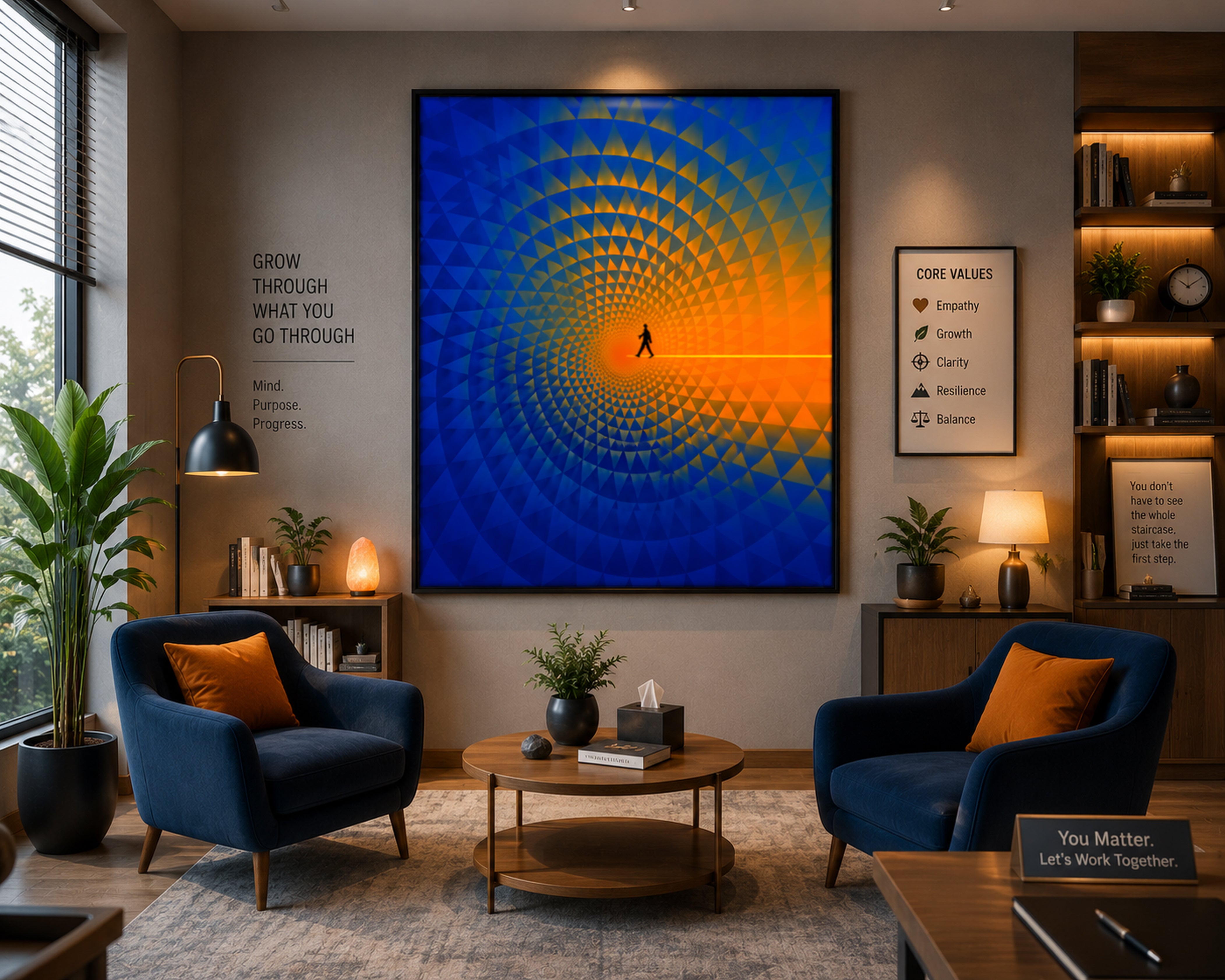Abstract Geometric Canvas Wall Art, Journey To Success Print, Modern Blue Orange Framed Canvas, Inspirational Office Decor, Large Statement Artwork