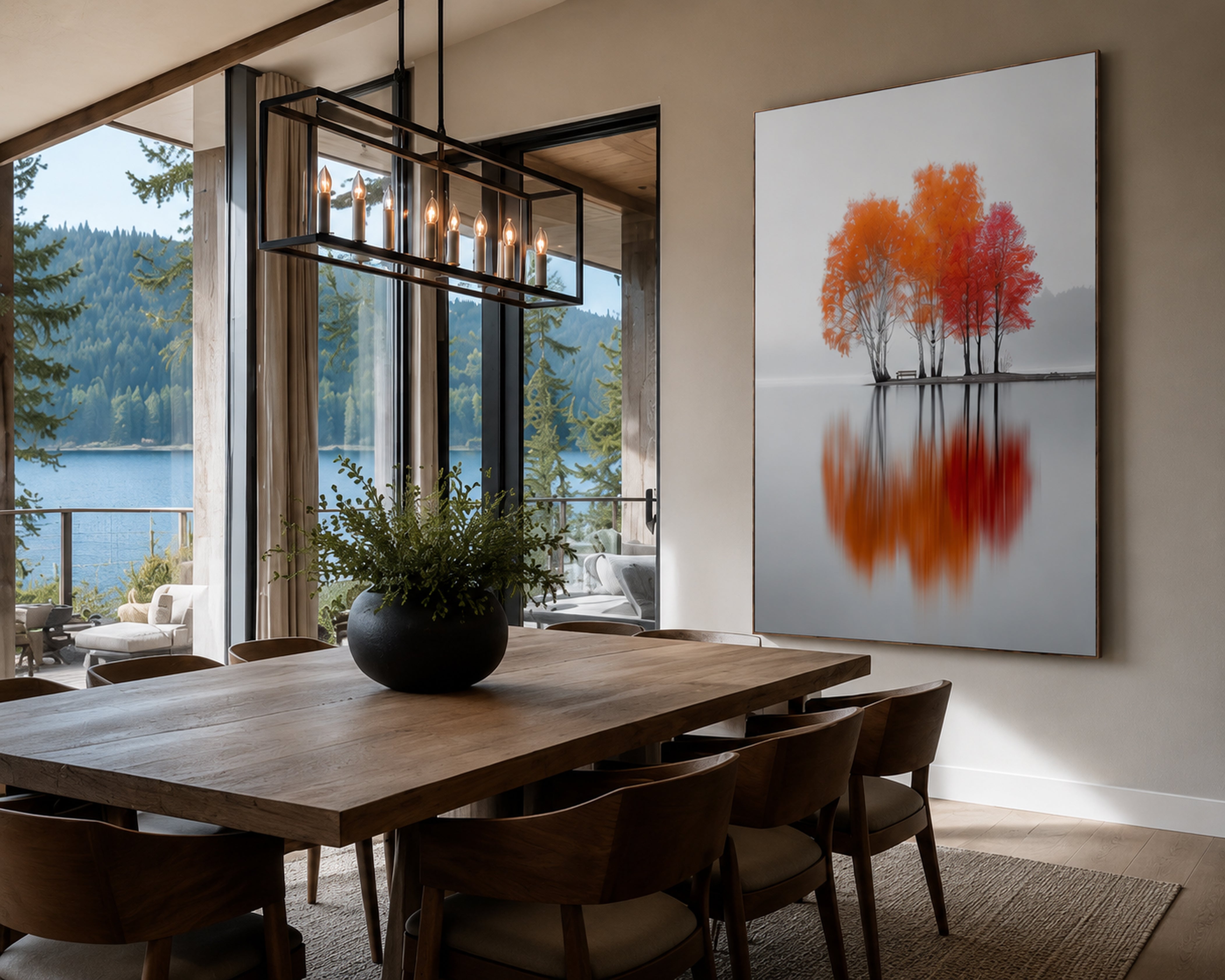 Minimalist Autumn Tree Canvas Wall Art, Framed Nature Print, Foggy Lake Reflection Artwork, Scandinavian Wall Decor, Modern Living Room Canvas