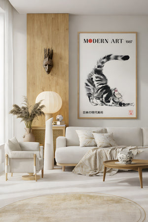 Japanese Cat Framed Canvas Wall Art, Modern Art Cat Print, Minimalist Japan Poster, Funny Cat Lover Decor