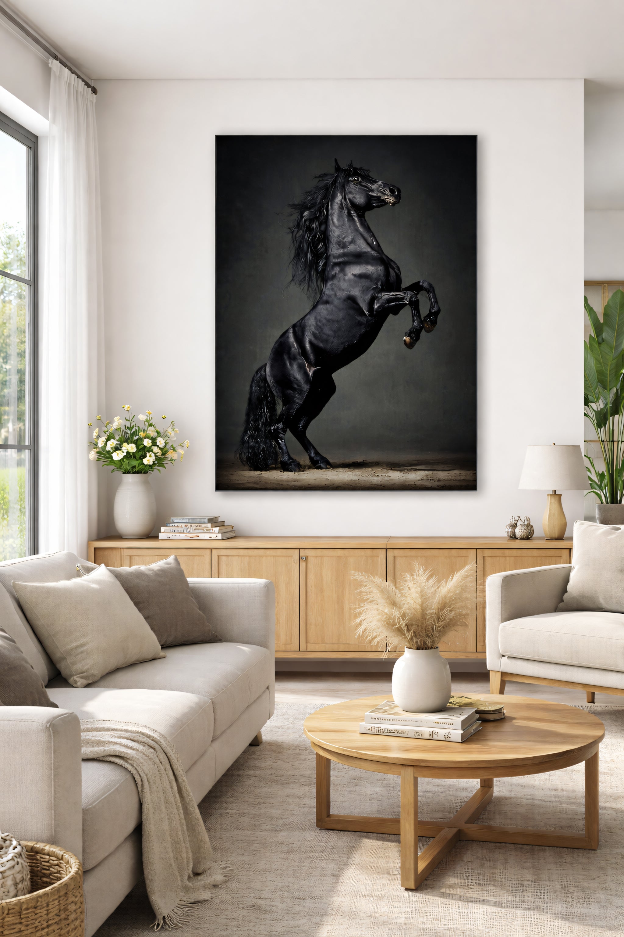 Majestic Black Horse Framed Canvas Wall Art, Rearing Stallion Print, Luxury Equestrian Decor, Dark Horse Artwork
