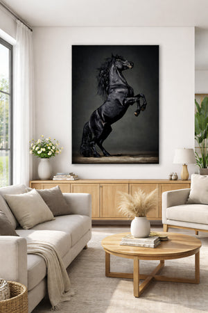 Majestic Black Horse Framed Canvas Wall Art, Rearing Stallion Print, Luxury Equestrian Decor, Dark Horse Artwork