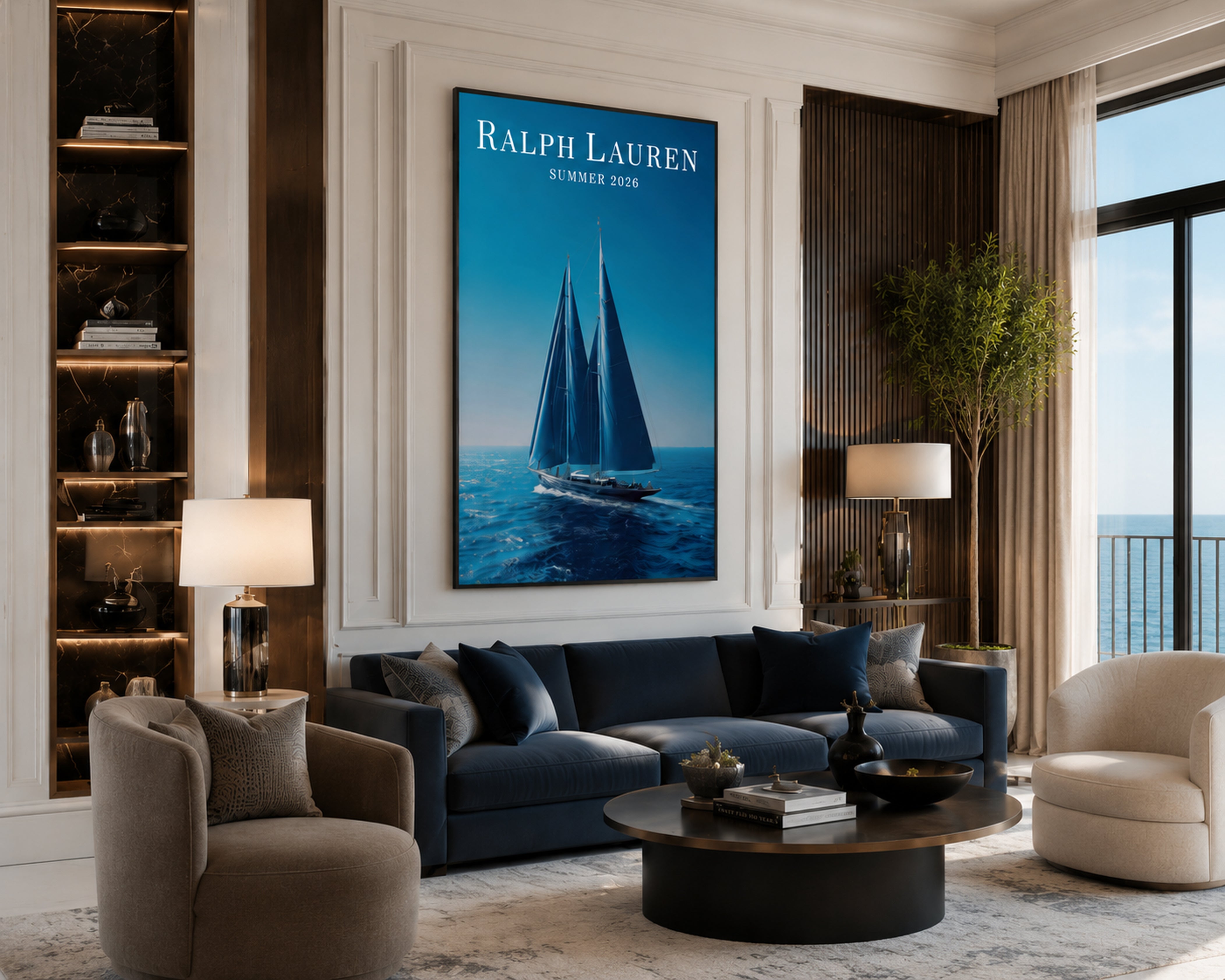 Ralph Lauren Style Sailboat Canvas Wall Art, Luxury Coastal Framed Print, Old Money Nautical Decor, Blue Yacht Poster