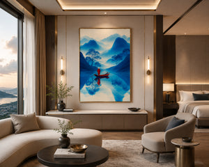 Blue Mountain Canvas Wall Art, Framed Japandi Landscape Print, Red Boat Zen Artwork, Luxury Asian Wall Decor, Modern Living Room Art