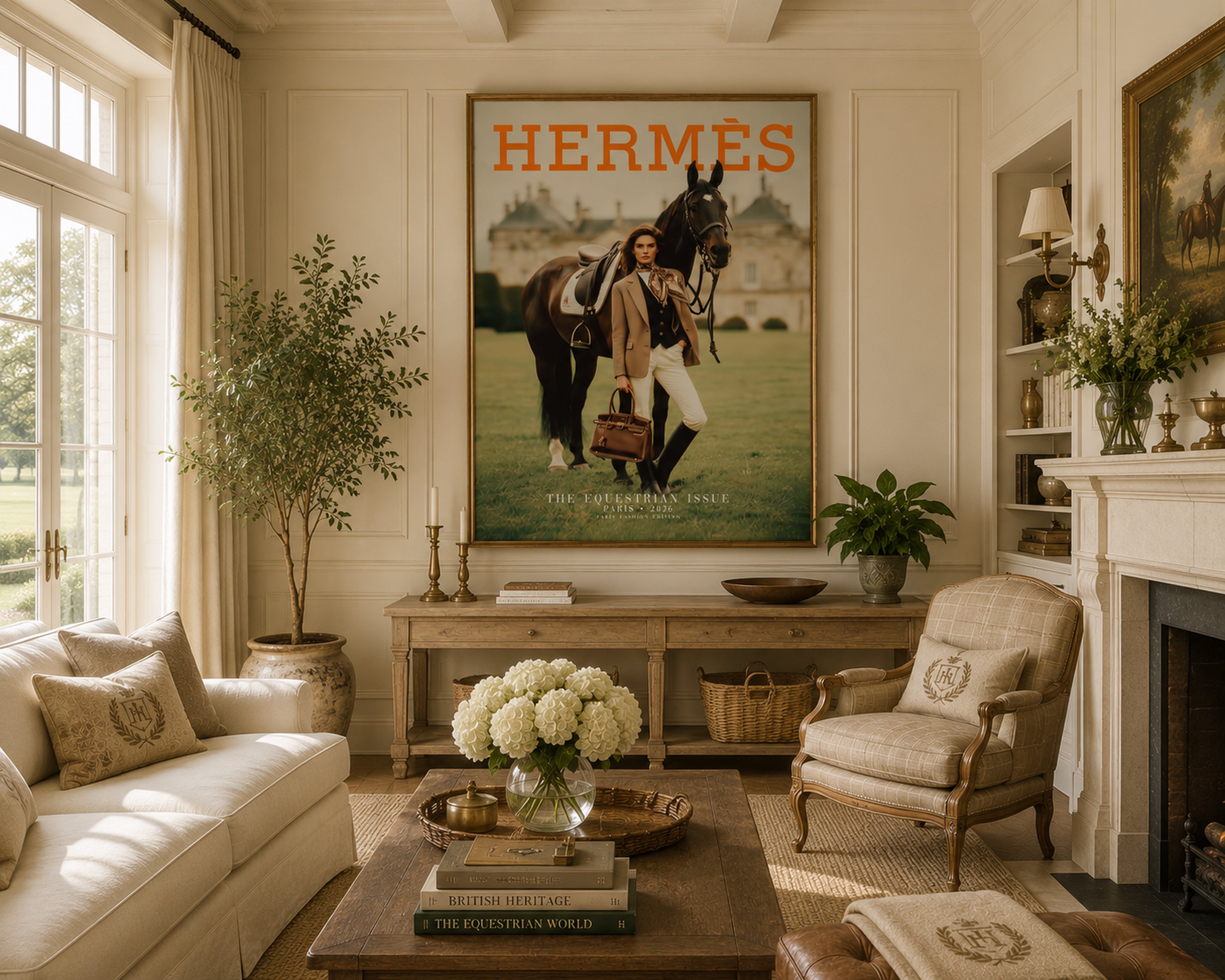 Luxury Equestrian Fashion Wall Art, Hermes Style Framed Canvas, Old Money Horse Decor, Parisian Chic Interior Artwork