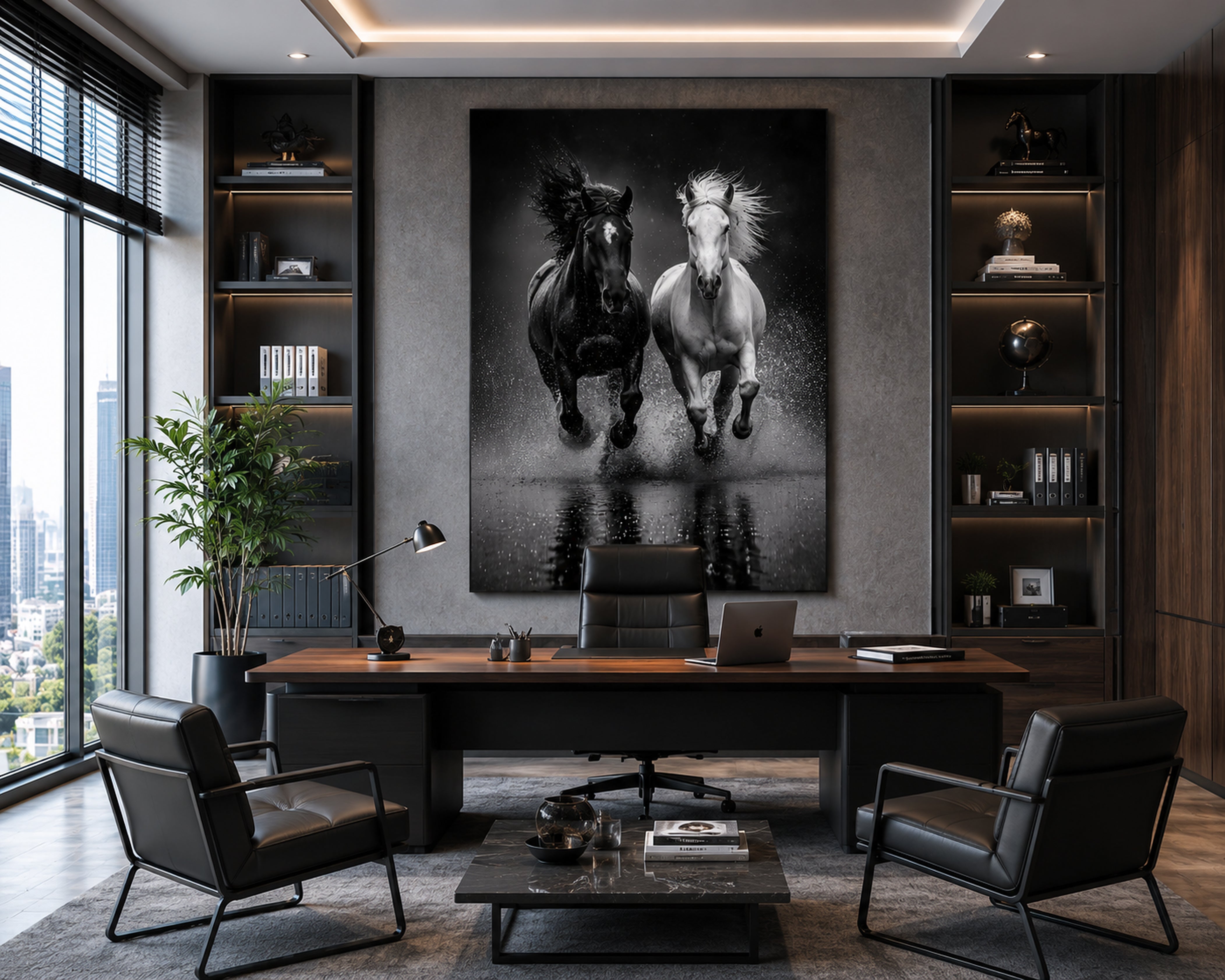 Black and White Horse Framed Canvas, Running Horses Wall Art, Equestrian Photography Print, Modern Western Decor