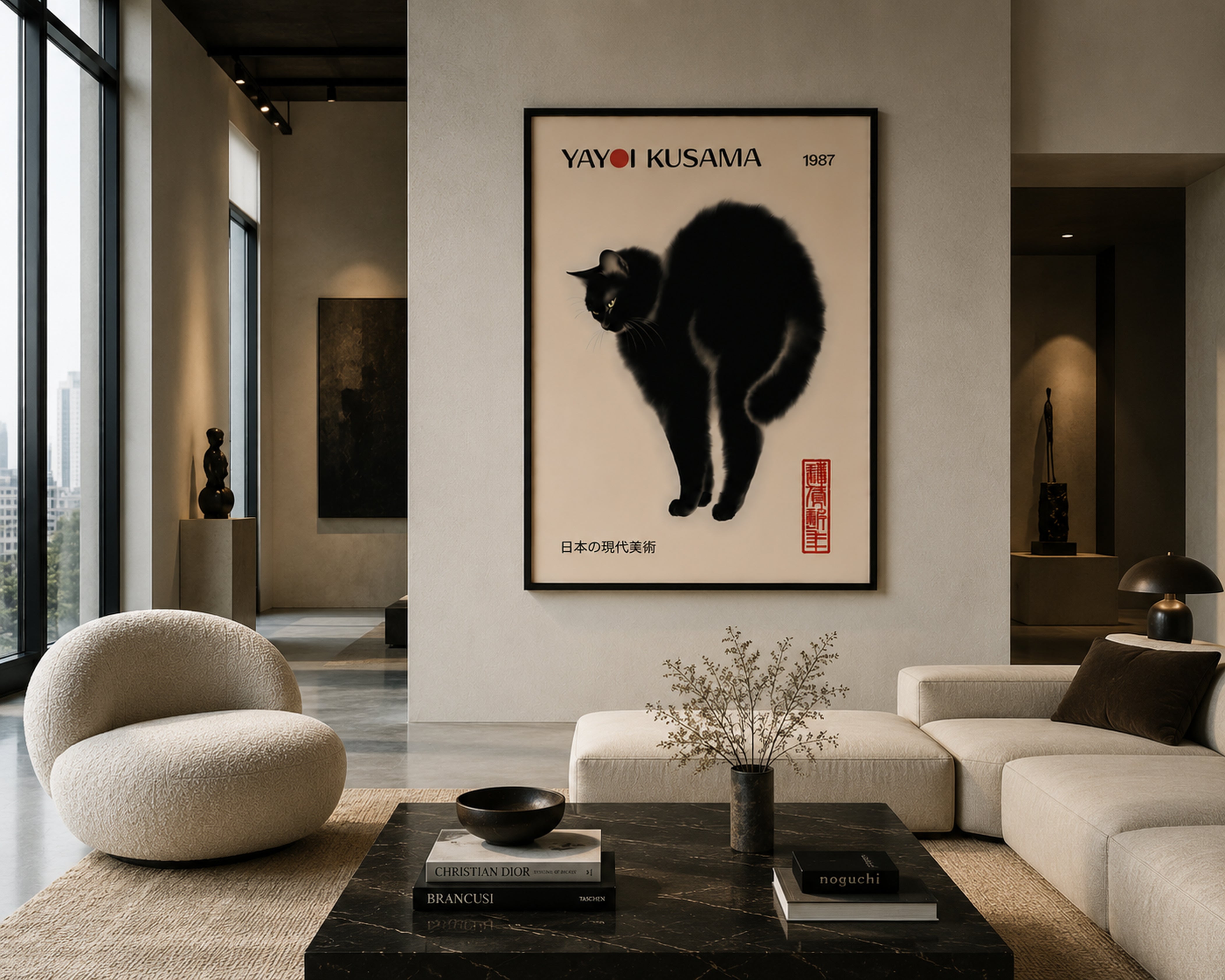 Japanese Black Cat Wall Art Framed Canvas, Luxury Japandi Decor, Contemporary Gallery Print, Minimalist Cat Artwork, Quiet Luxury Home Decor
