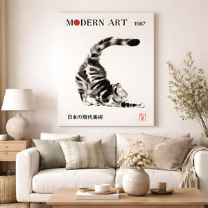 Japanese Cat Framed Canvas Wall Art, Modern Art Cat Print, Minimalist Japan Poster, Funny Cat Lover Decor