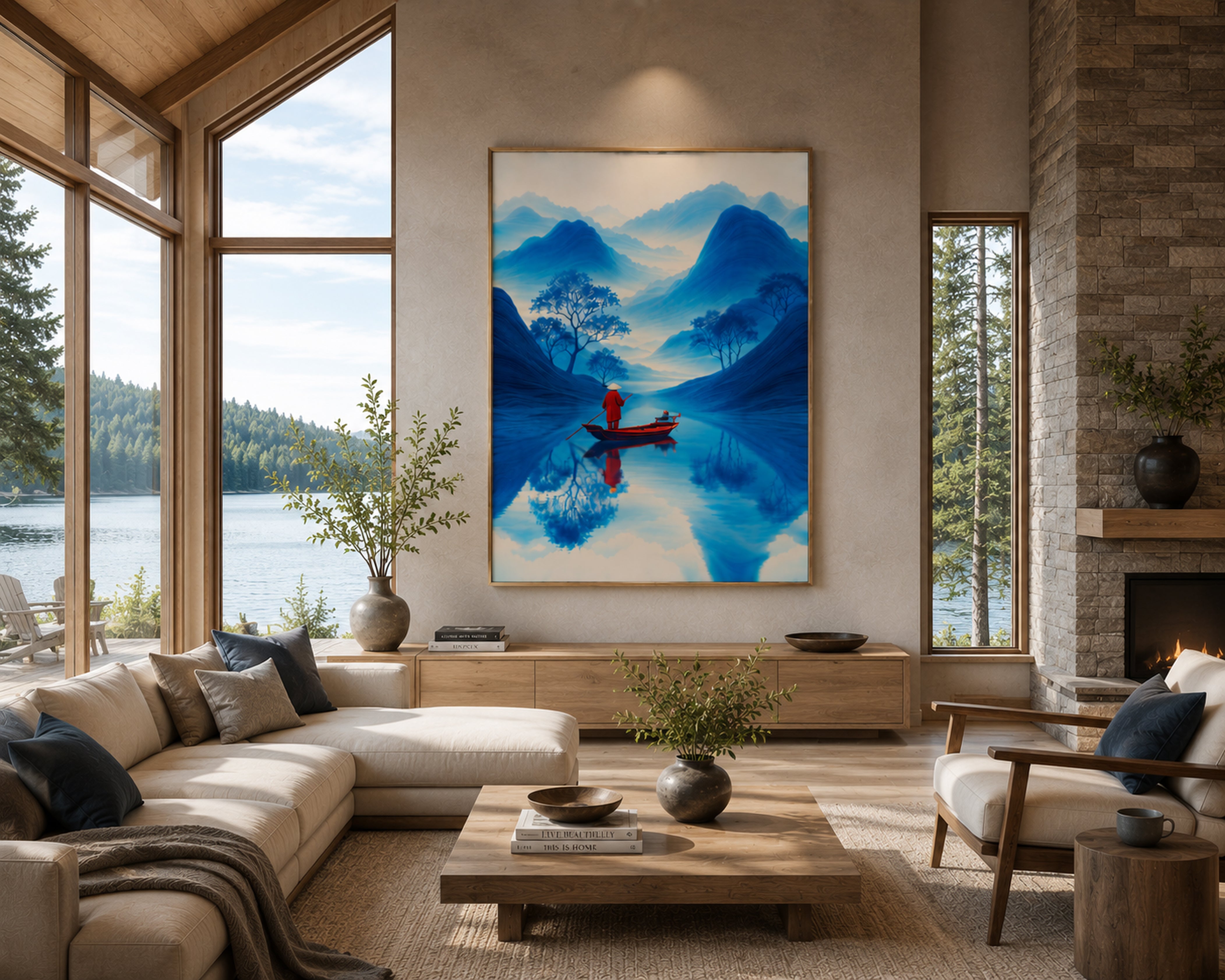 Blue Mountain Canvas Wall Art, Framed Japandi Landscape Print, Red Boat Zen Artwork, Luxury Asian Wall Decor, Modern Living Room Art