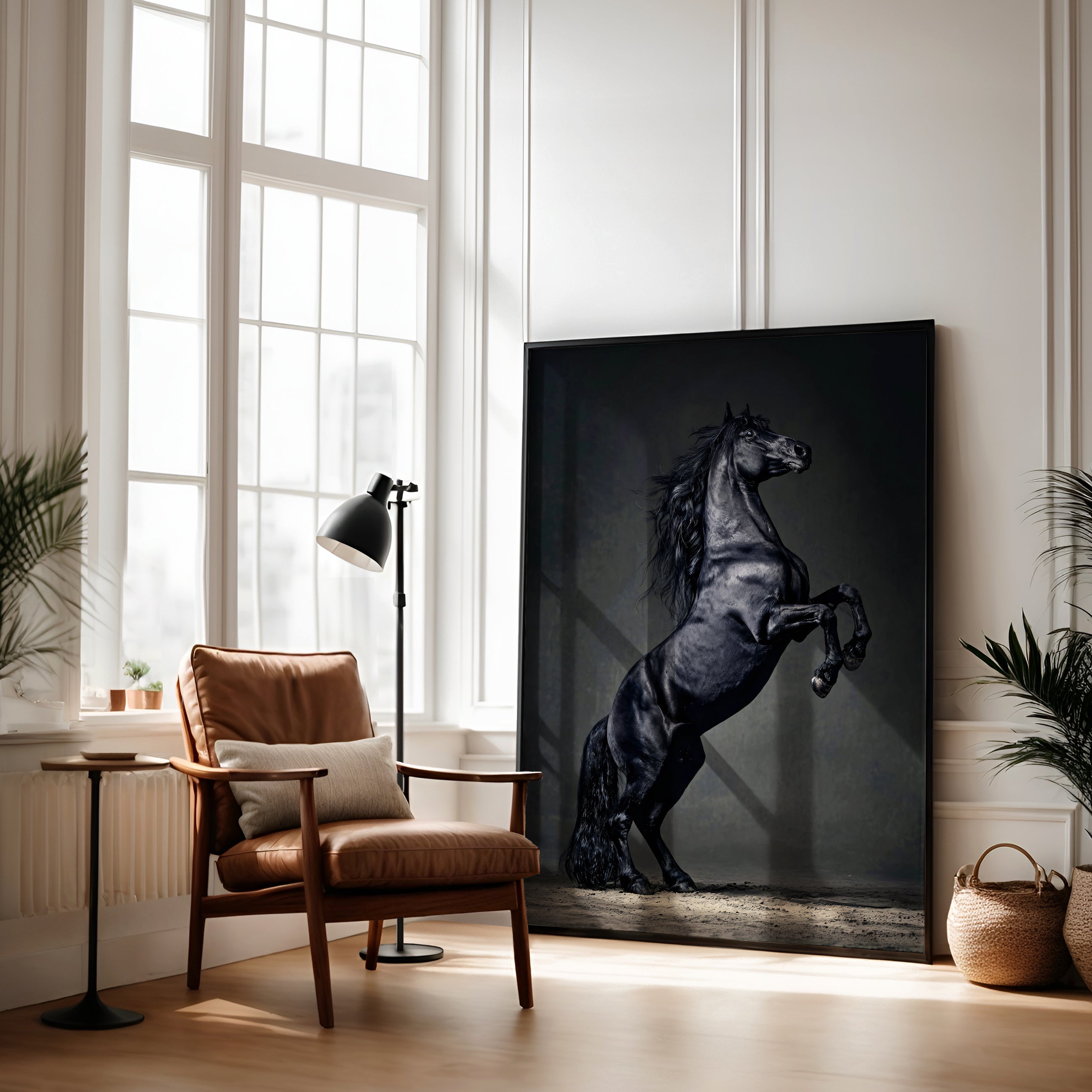 Majestic Black Horse Framed Canvas Wall Art, Rearing Stallion Print, Luxury Equestrian Decor, Dark Horse Artwork
